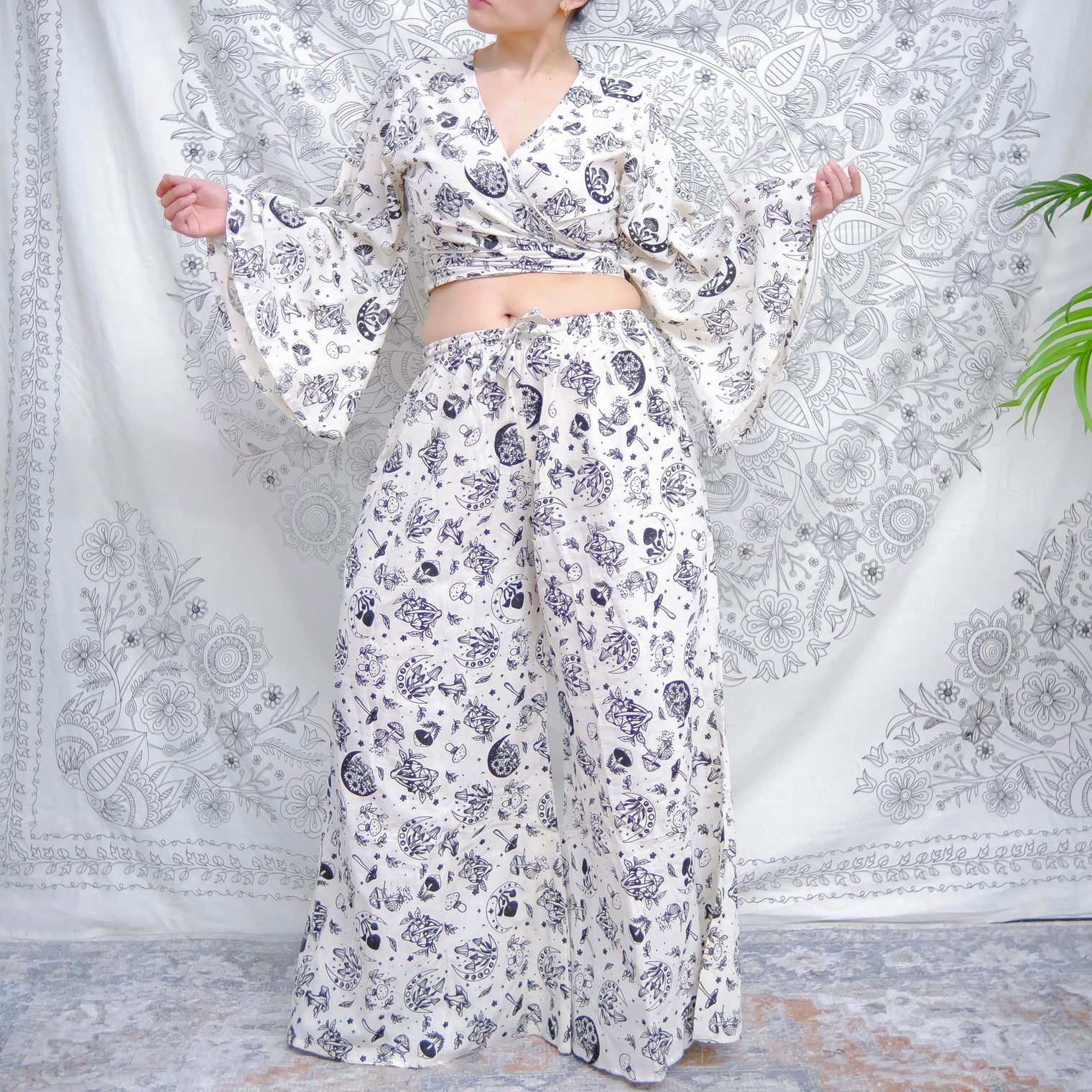 Mushroom Print Whimsy Boho Hippie Two Piece Pant + Tie Top Set