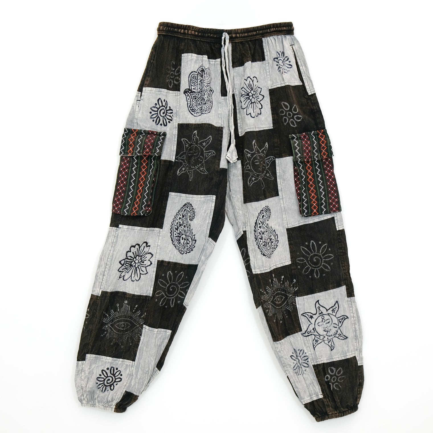 Stonewashed Cotton Patchwork Unisex Baggy Pants