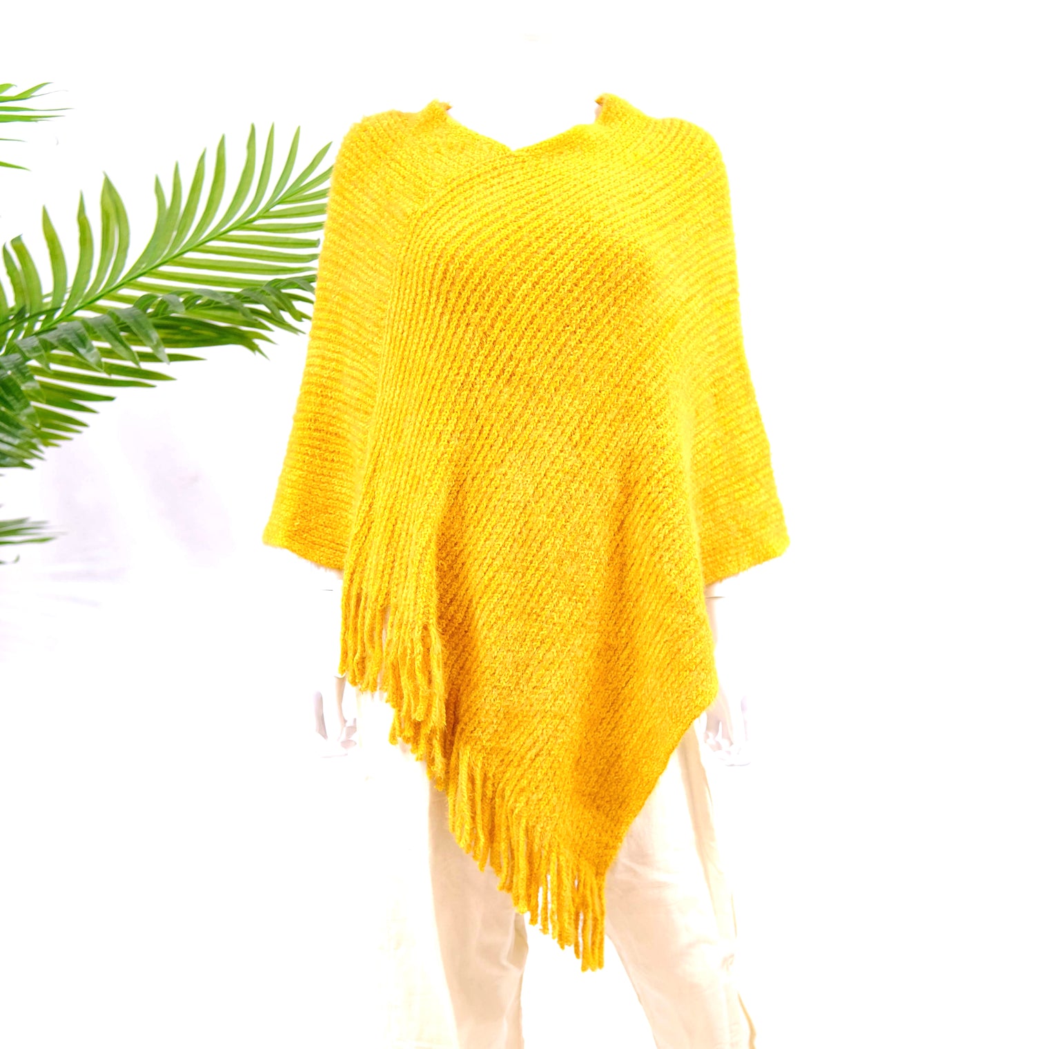 Hand Knit V Neck Winter Ponchos with Fringe