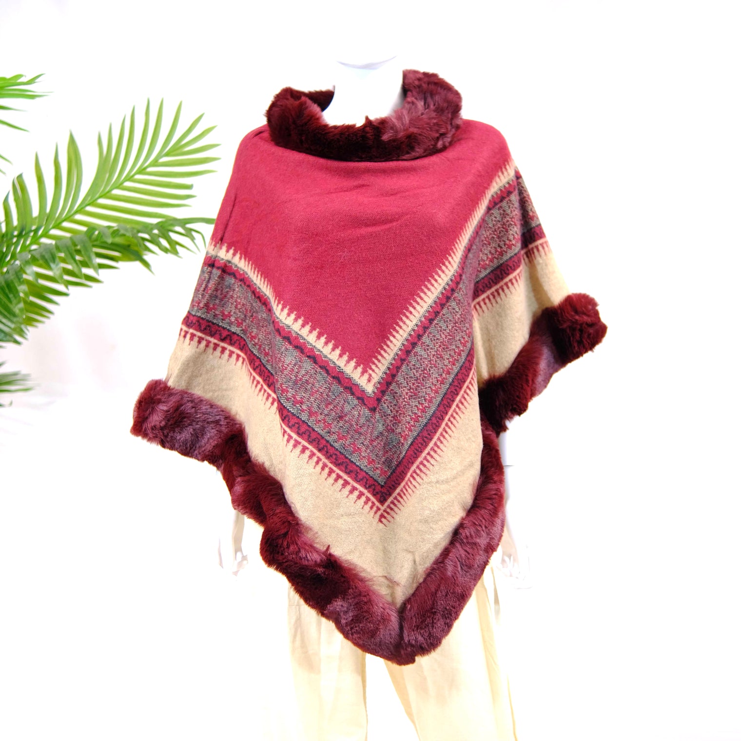 Wool Blend Oversized Warm Faux Fur Poncho