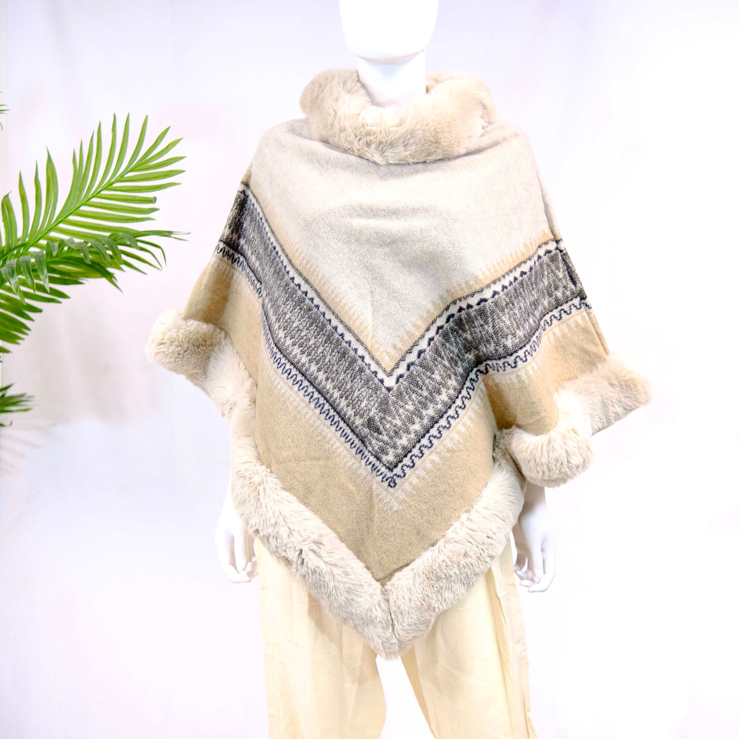 Wool Blend Oversized Warm Faux Fur Poncho