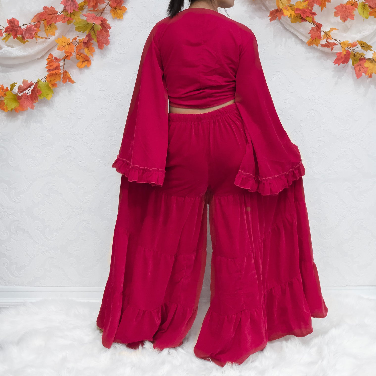 Velvet Dream Tiered Flowy Pants with Ruffle Wrap Top