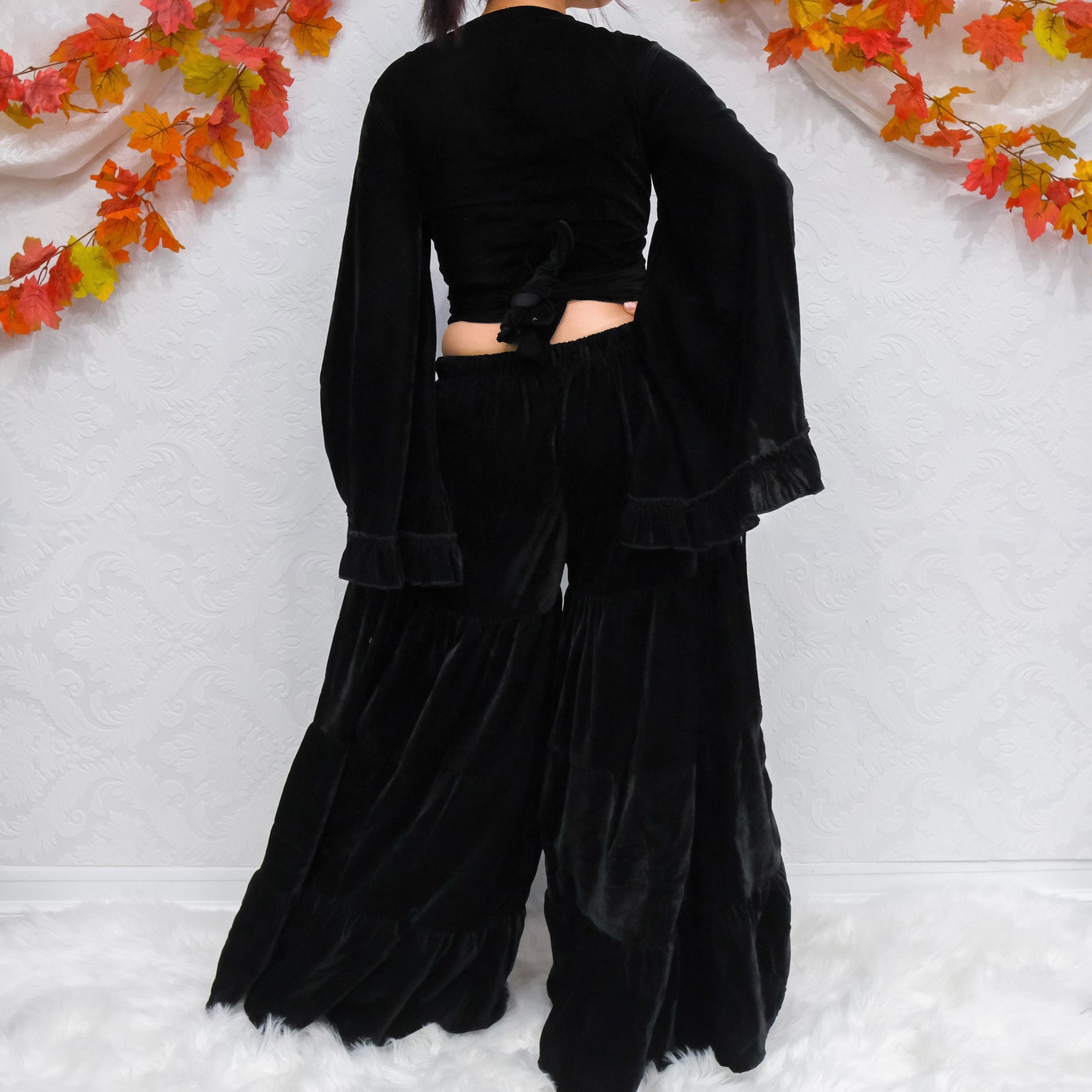 Velvet Dream Tiered Flowy Pants with Ruffle Wrap Top