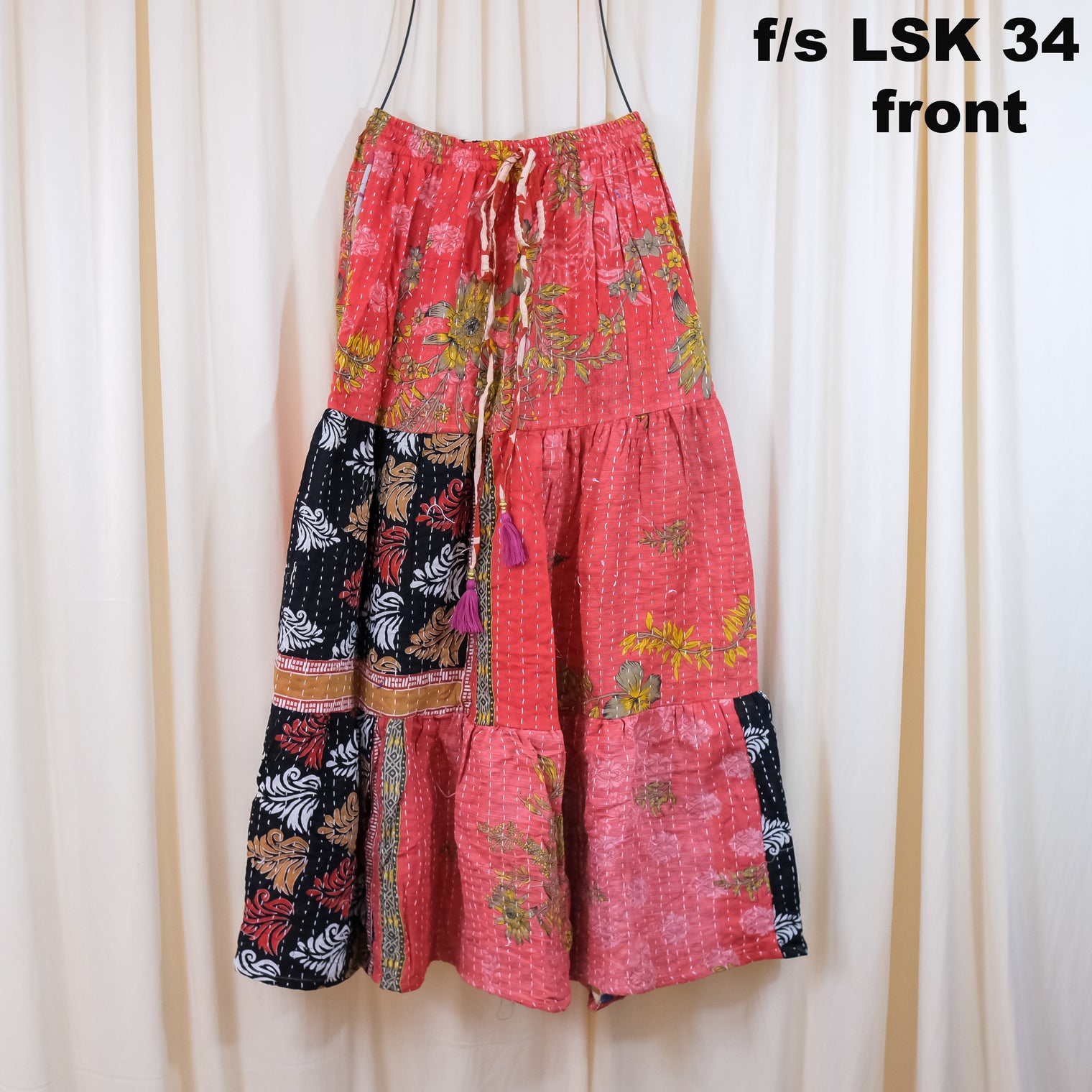 Kantha Long Tiered Boho Flowy Skirt