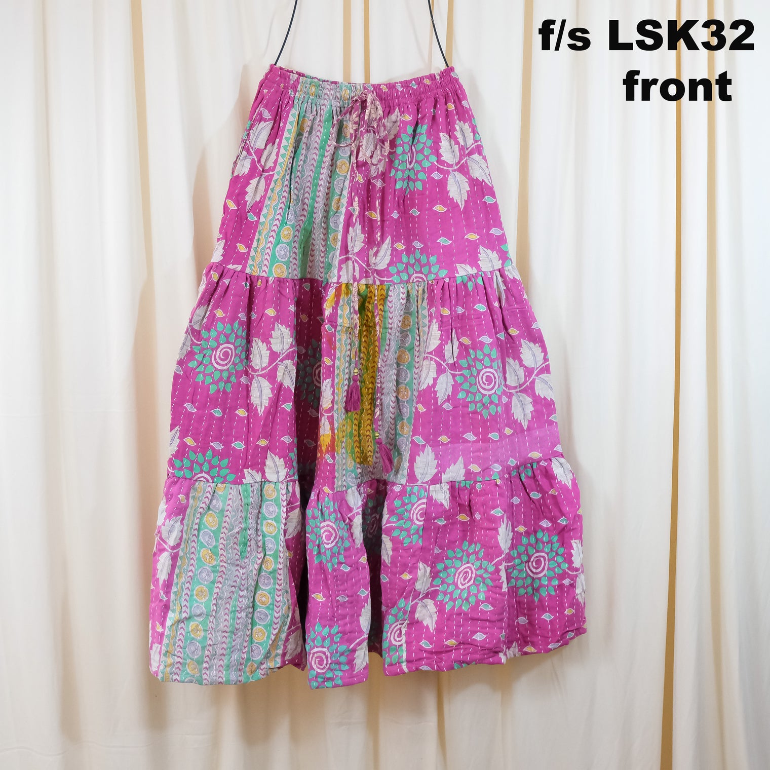 Kantha Long Tiered Flowy Skirt with Pockets