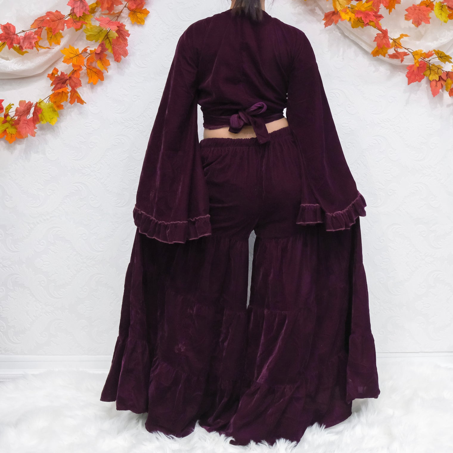 Velvet Dream Tiered Flowy Pants with Ruffle Wrap Top