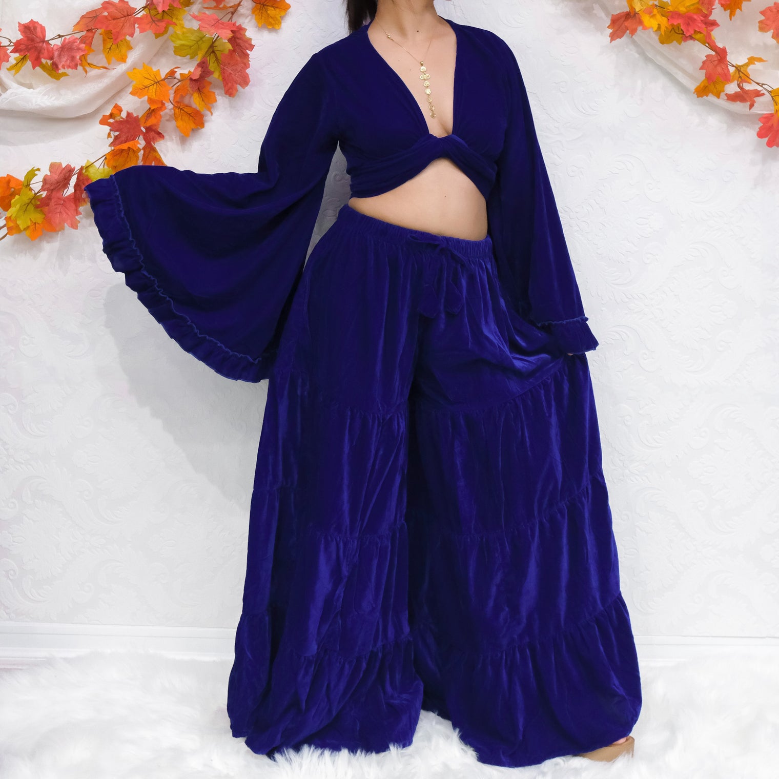 Velvet Dream Tiered Flowy Pants with Ruffle Wrap Top