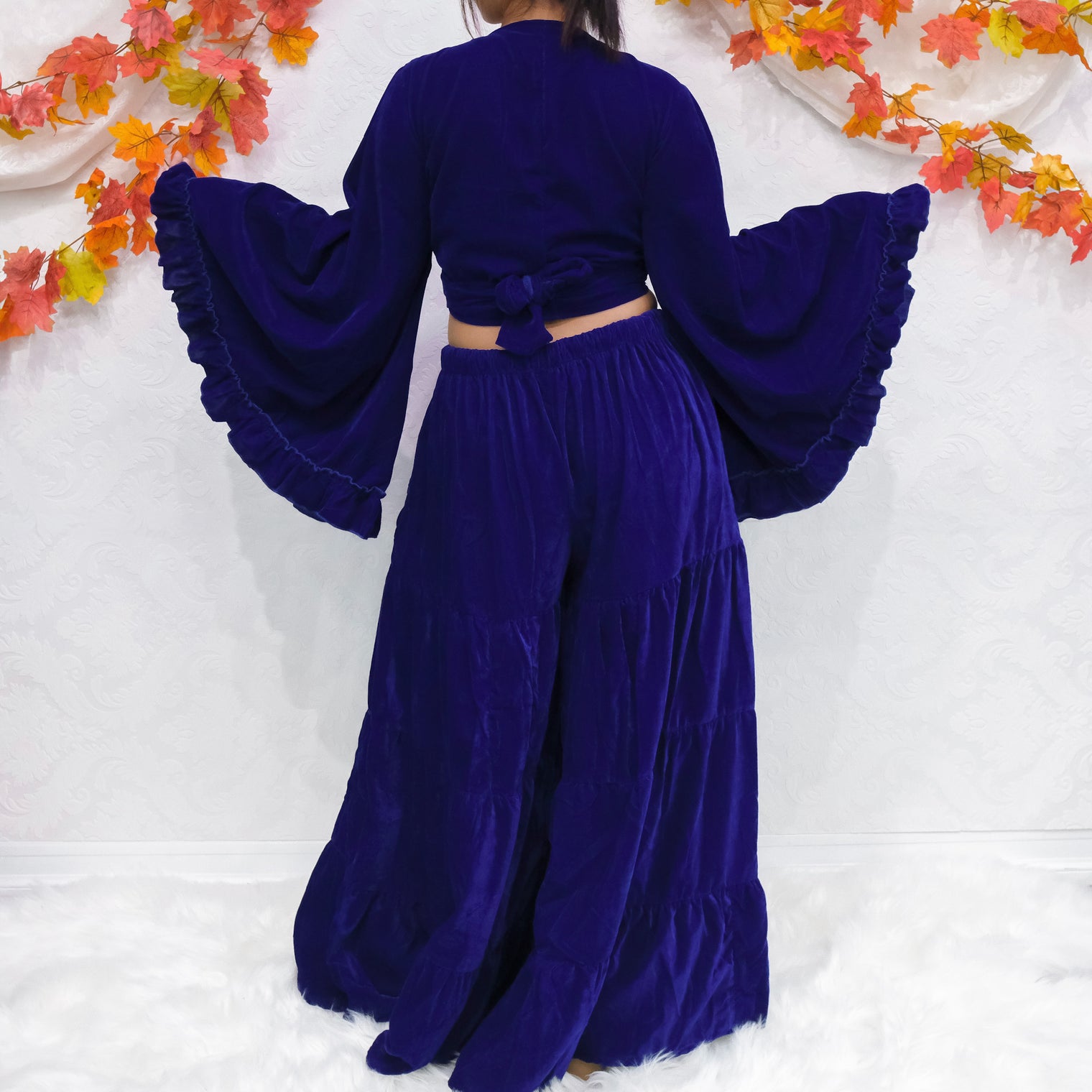 Velvet Dream Tiered Flowy Pants with Ruffle Wrap Top