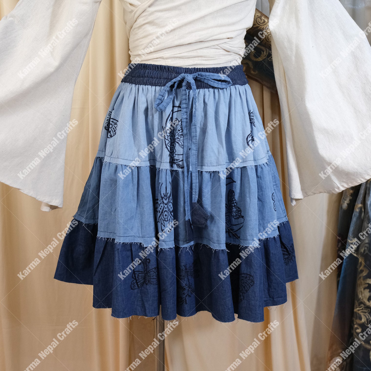 Patchwork Denim Flowy Mini Skort with Pockets