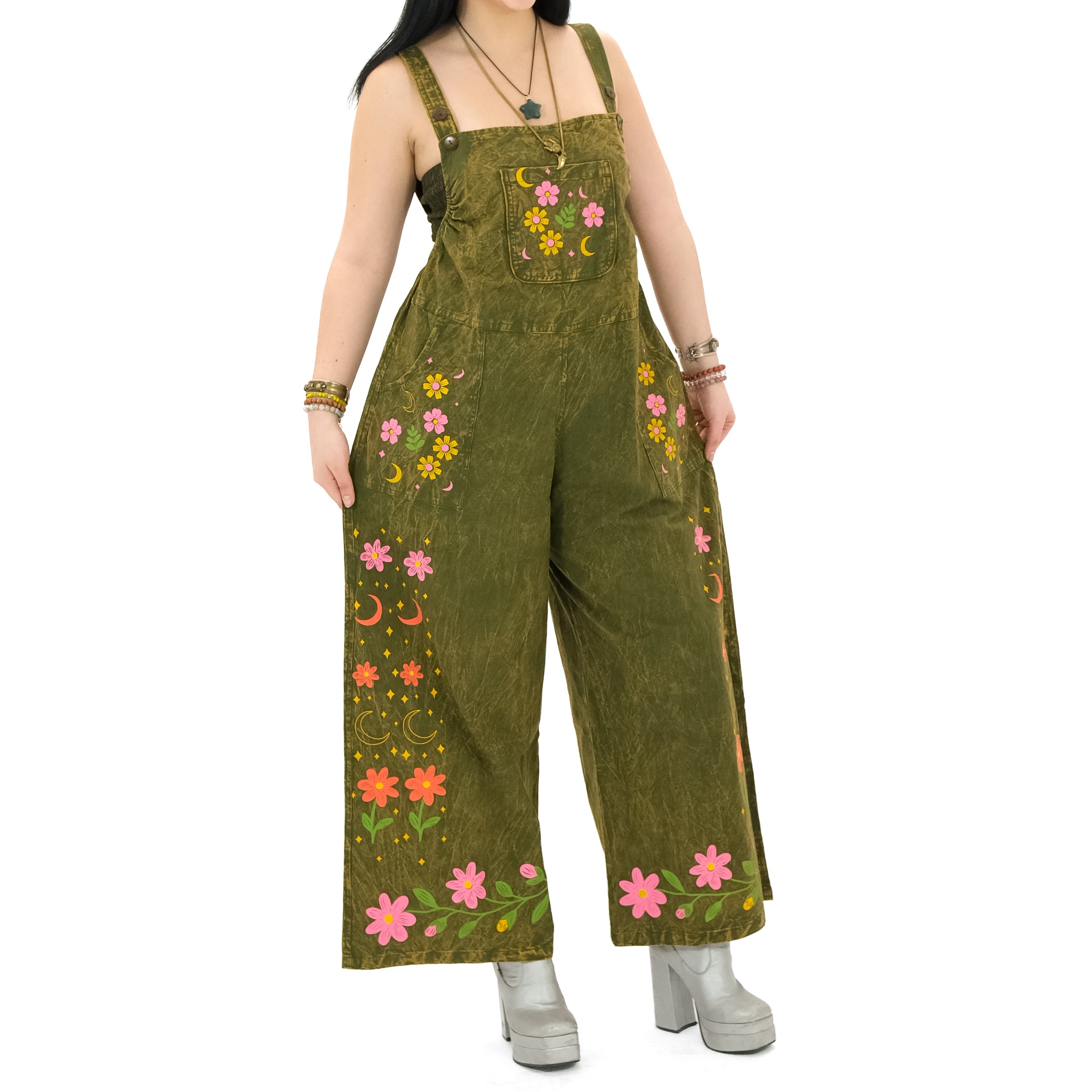 Celestial Floral Cotton Jumpsuit | Stonewashed Wide-Leg Boho