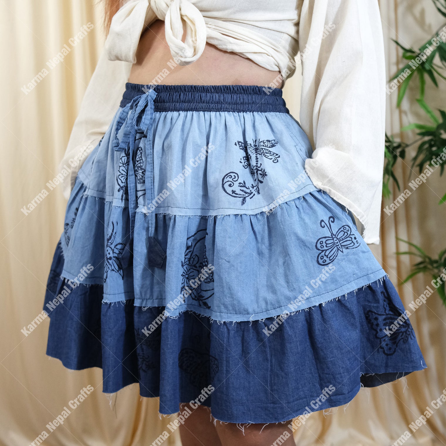 Patchwork Denim Flowy Mini Skort with Pockets