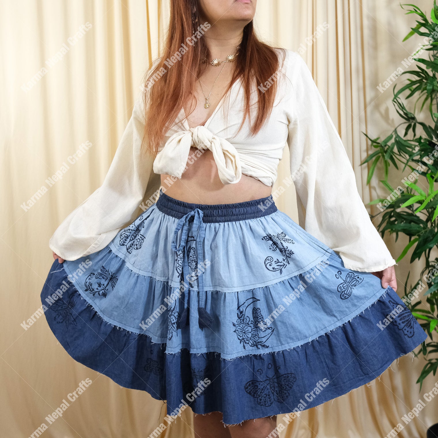 Patchwork Denim Flowy Mini Skort with Pockets