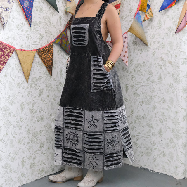 Patchwork Boho Ribbed Block Print Overall Cotton Maxi Dress