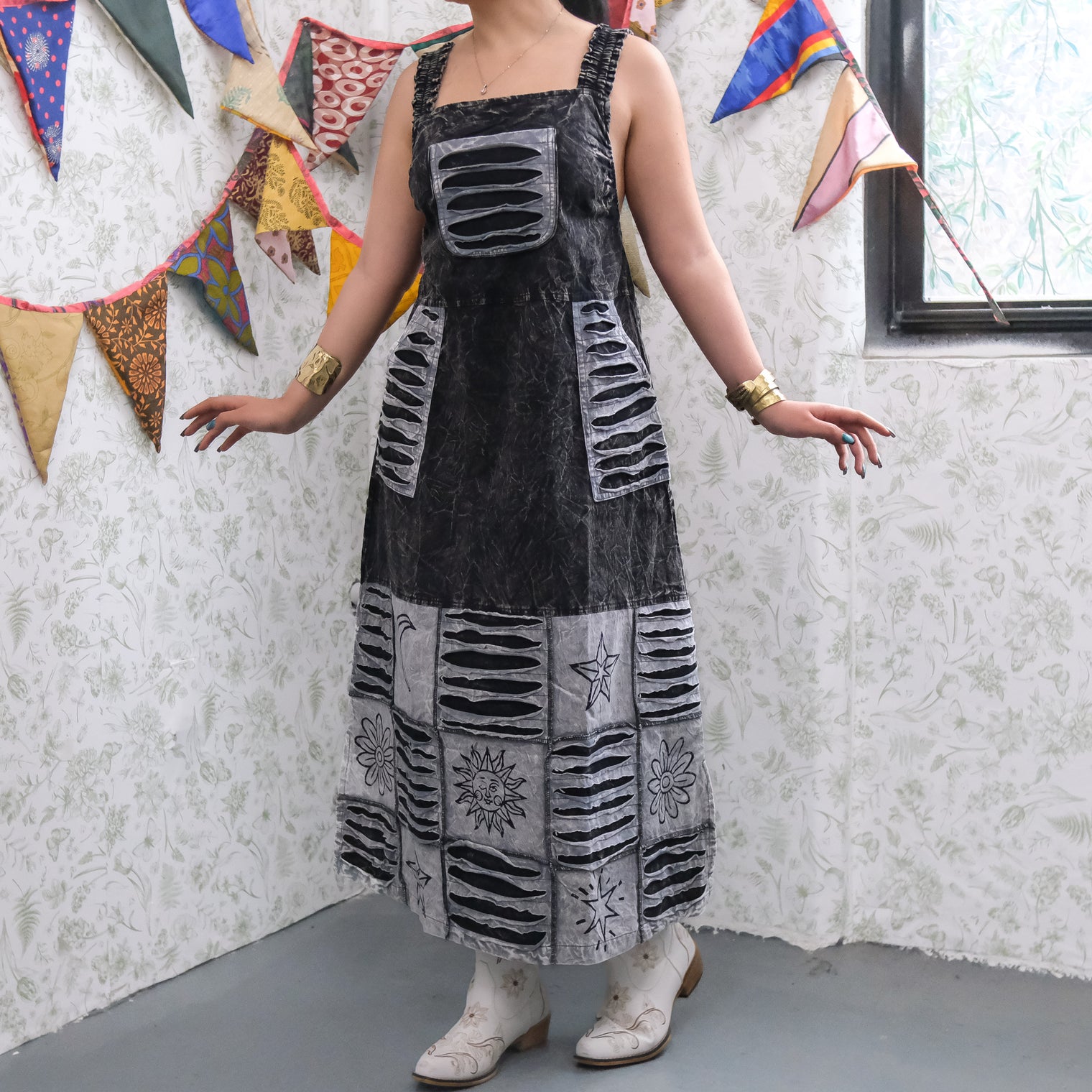 Patchwork Boho Ribbed Block Print Overall Cotton Maxi Dress