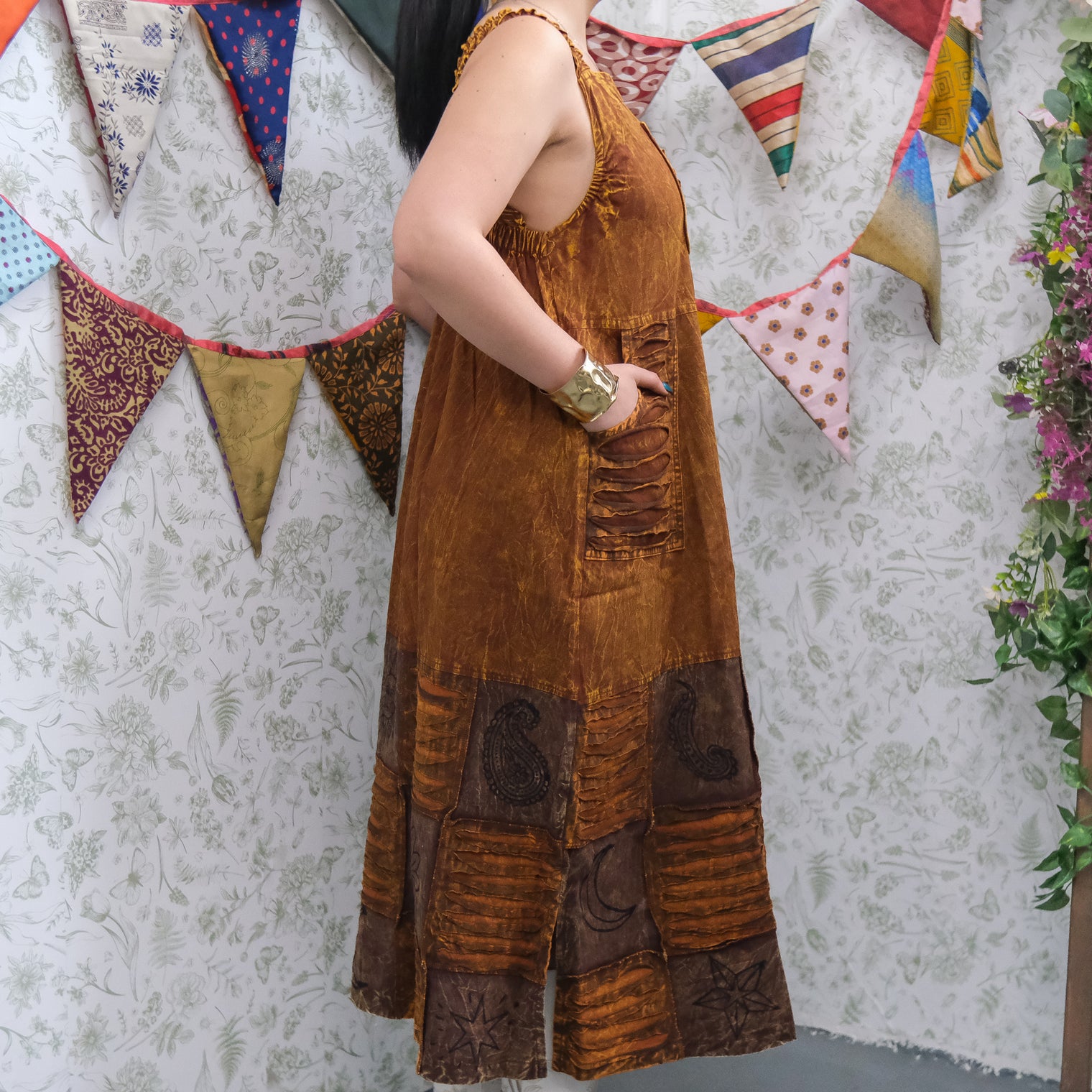 Patchwork Boho Ribbed Block Print Overall Cotton Maxi Dress