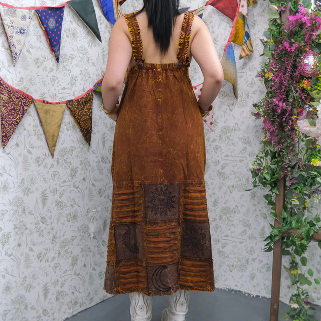 Patchwork Boho Ribbed Block Print Overall Cotton Maxi Dress