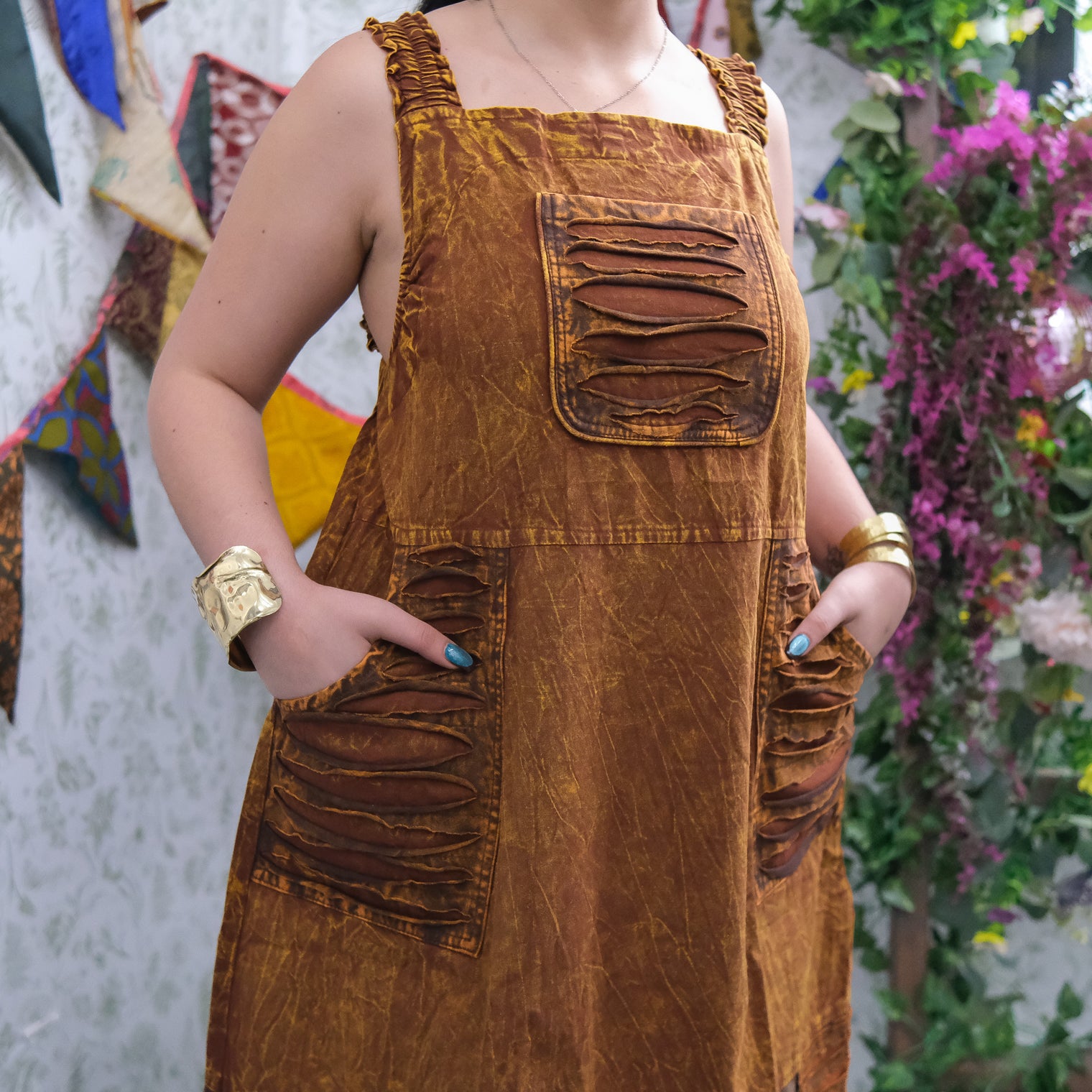Patchwork Boho Ribbed Block Print Overall Cotton Maxi Dress