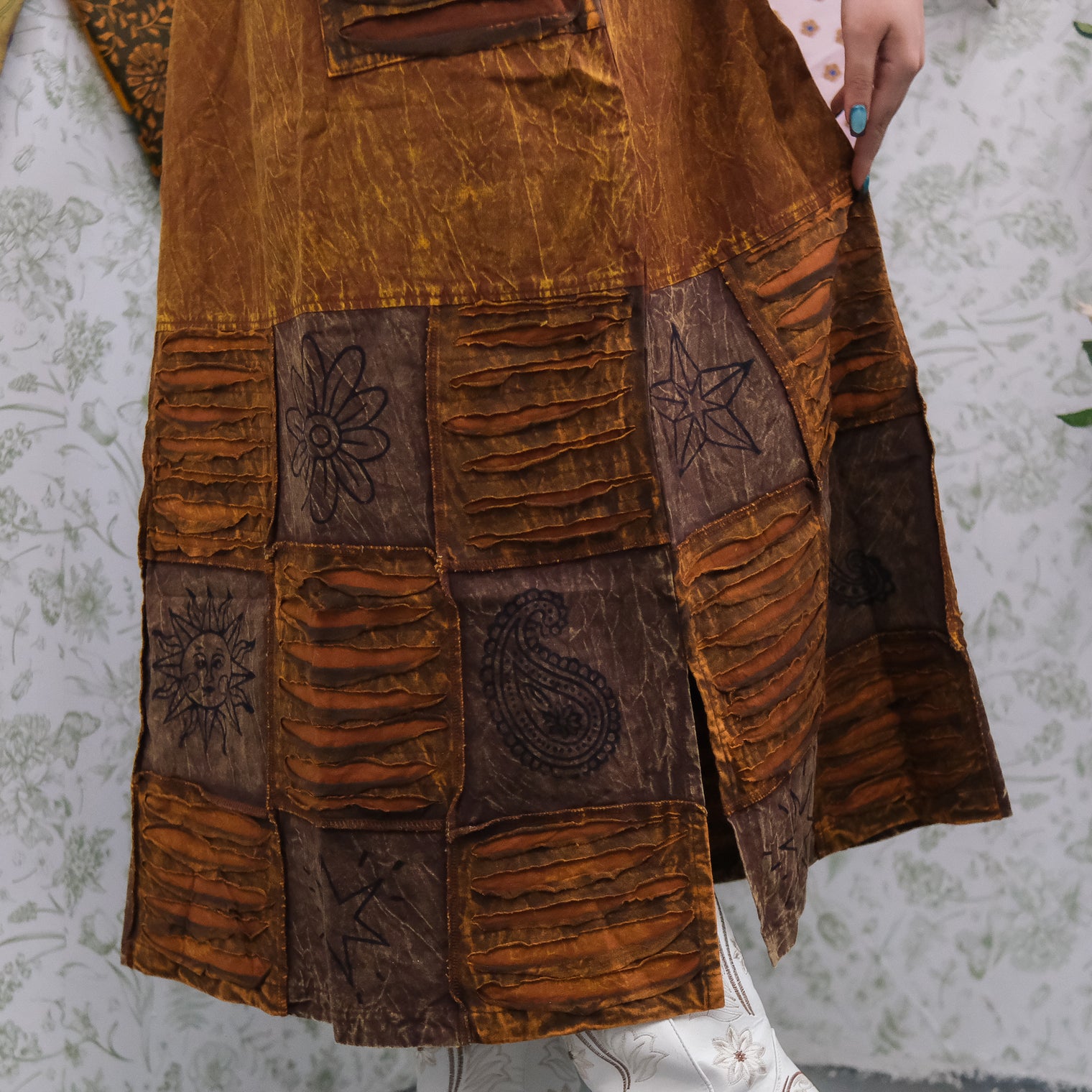 Patchwork Boho Ribbed Block Print Overall Cotton Maxi Dress
