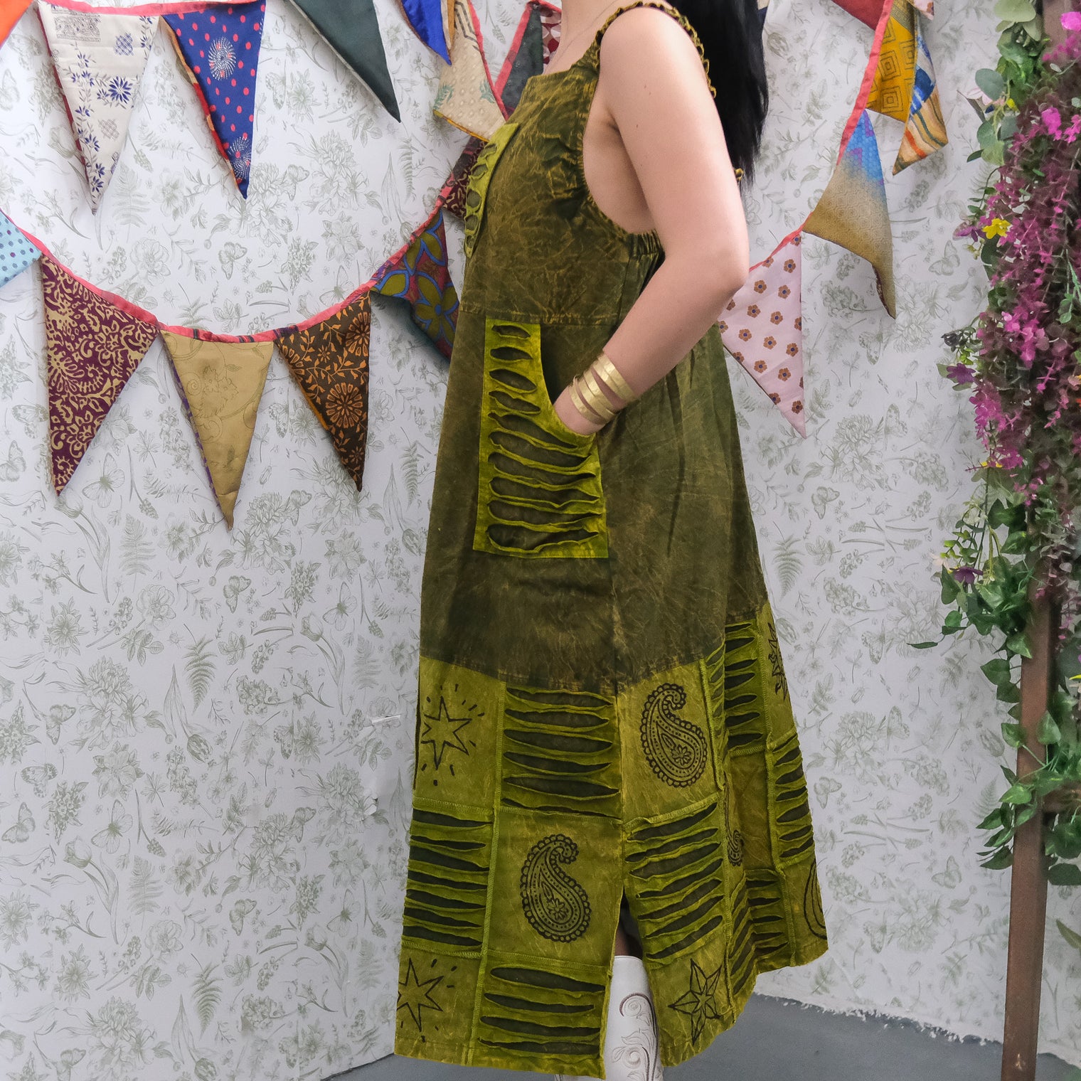 Patchwork Boho Ribbed Block Print Overall Cotton Maxi Dress