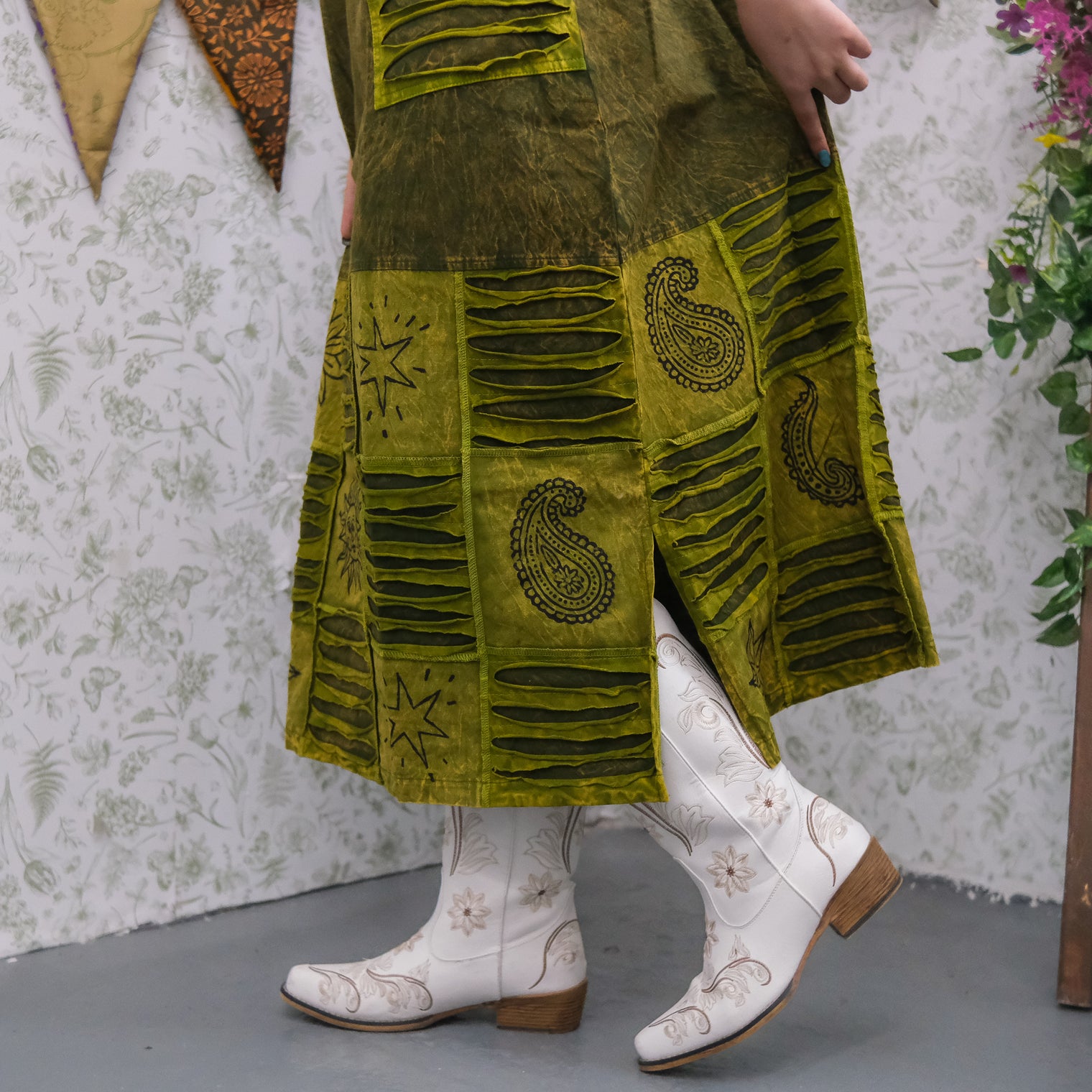 Patchwork Boho Ribbed Block Print Overall Cotton Maxi Dress