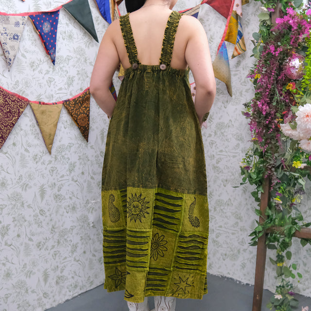 Patchwork Boho Ribbed Block Print Overall Cotton Maxi Dress