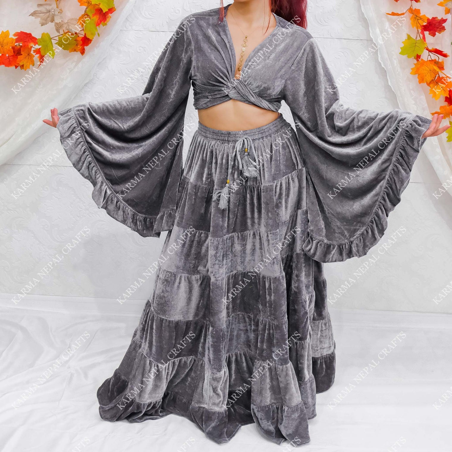 Bohemian Style Flowy Velvet Skirt Set with Ruffle Top