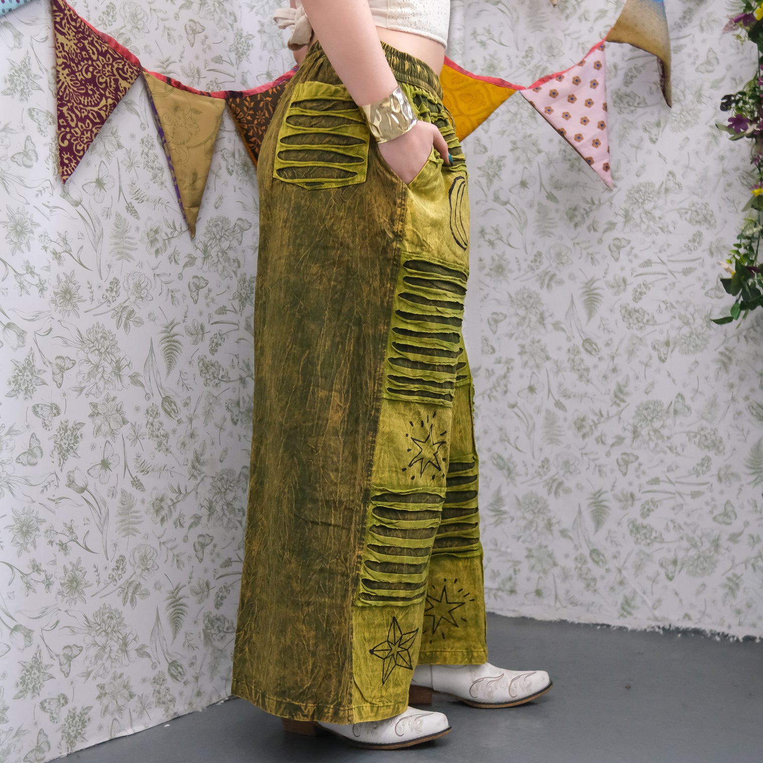 Patchwork Ribbed Block Print Wide Leg Pants