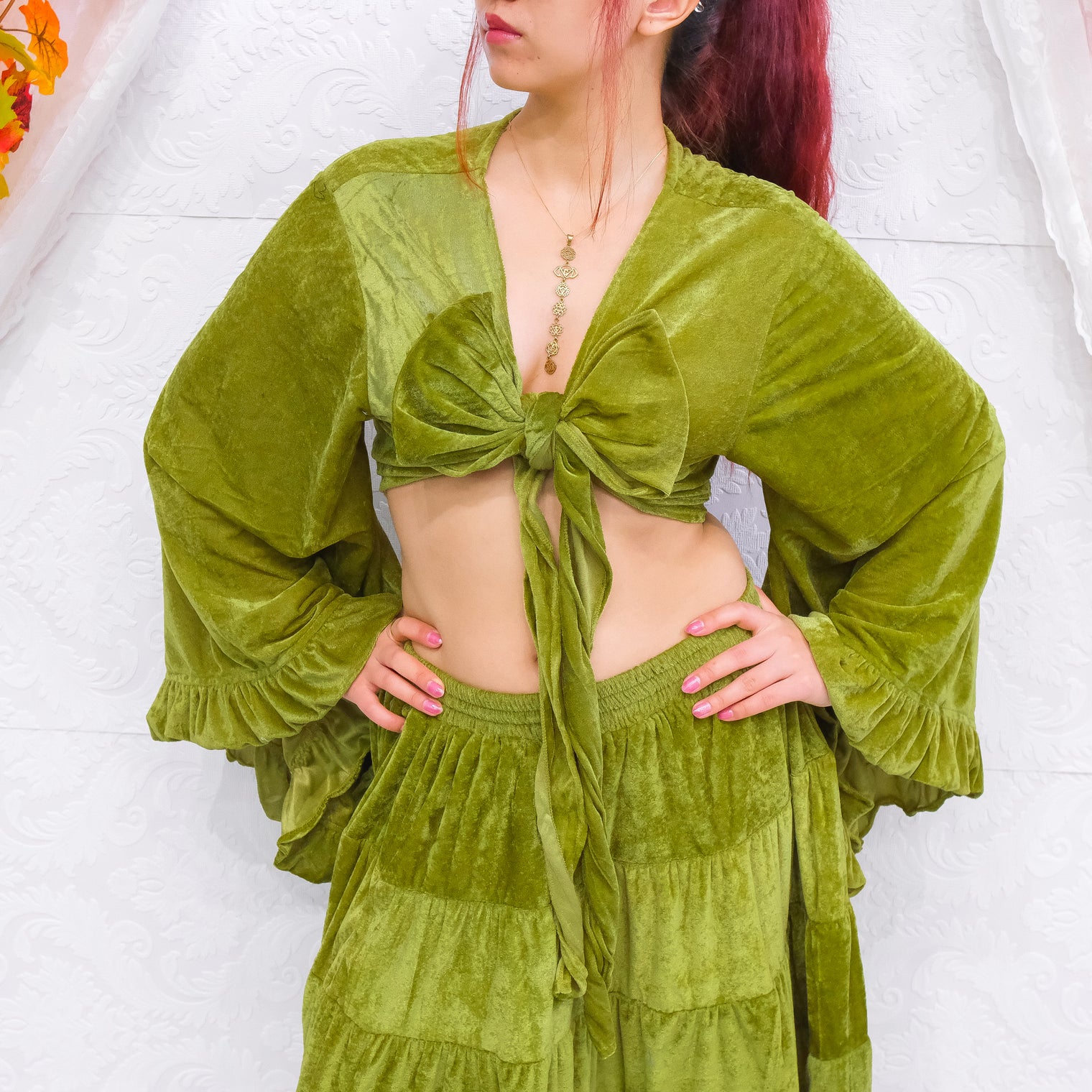 Velvet Boho Wrap Top with Ruffle Sleeve