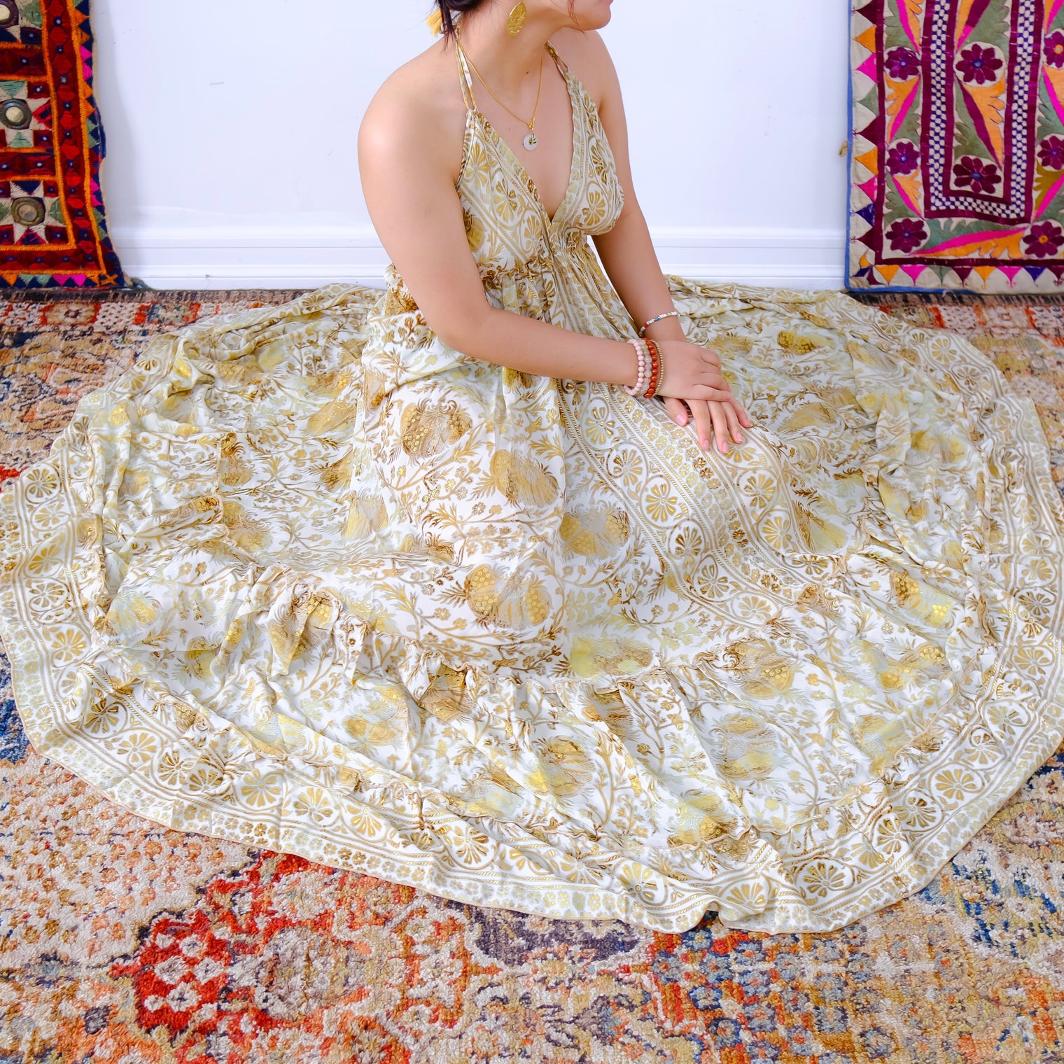 Silk Long Bohemian Tiered Maxi Backless Dress