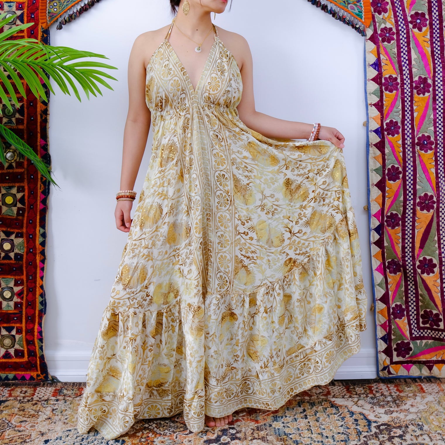 Silk Long Bohemian Tiered Maxi Backless Dress