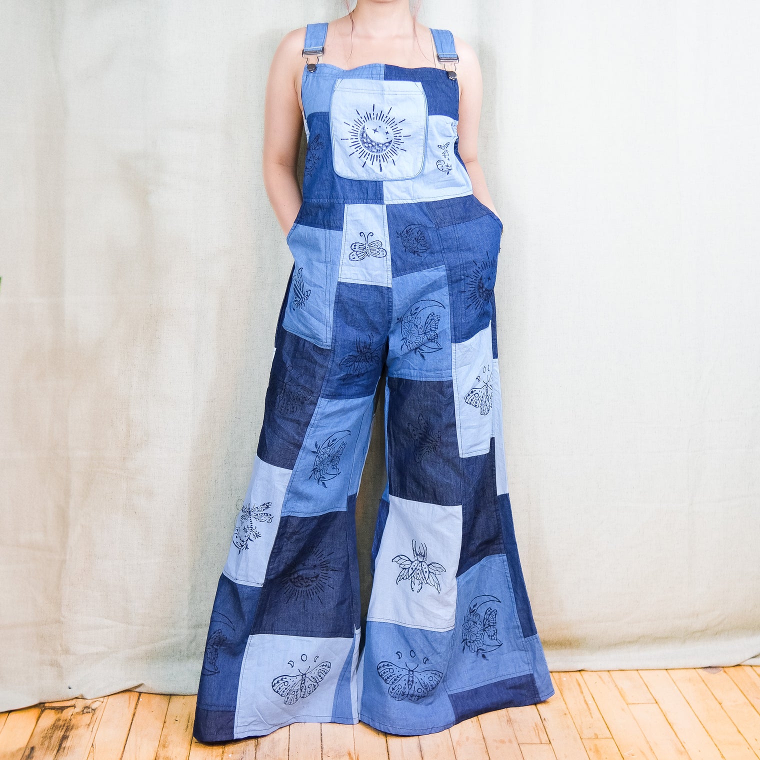 Patchwork Flowy Denim Bell Bottom Jumpsuit