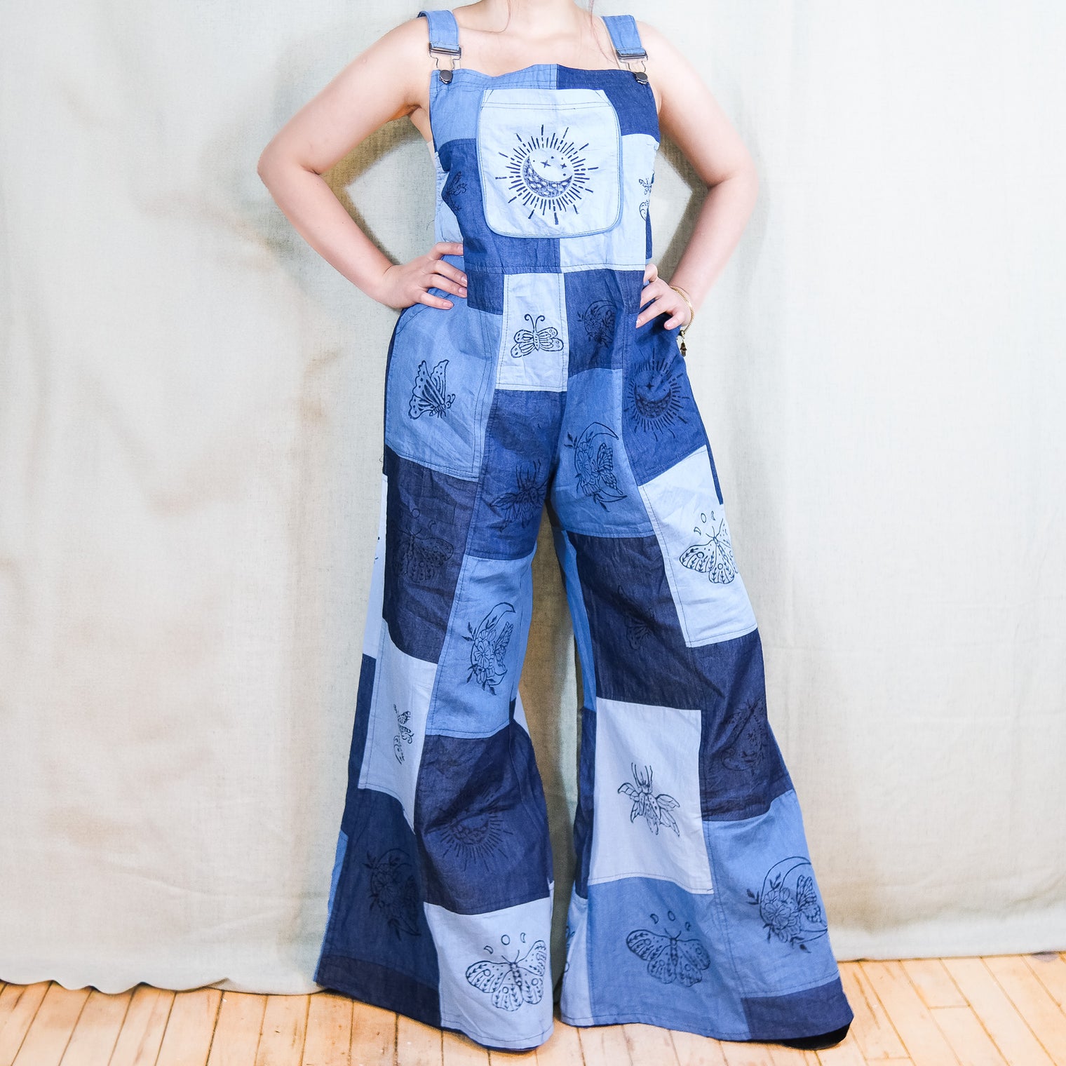 Patchwork Flowy Denim Bell Bottom Jumpsuit