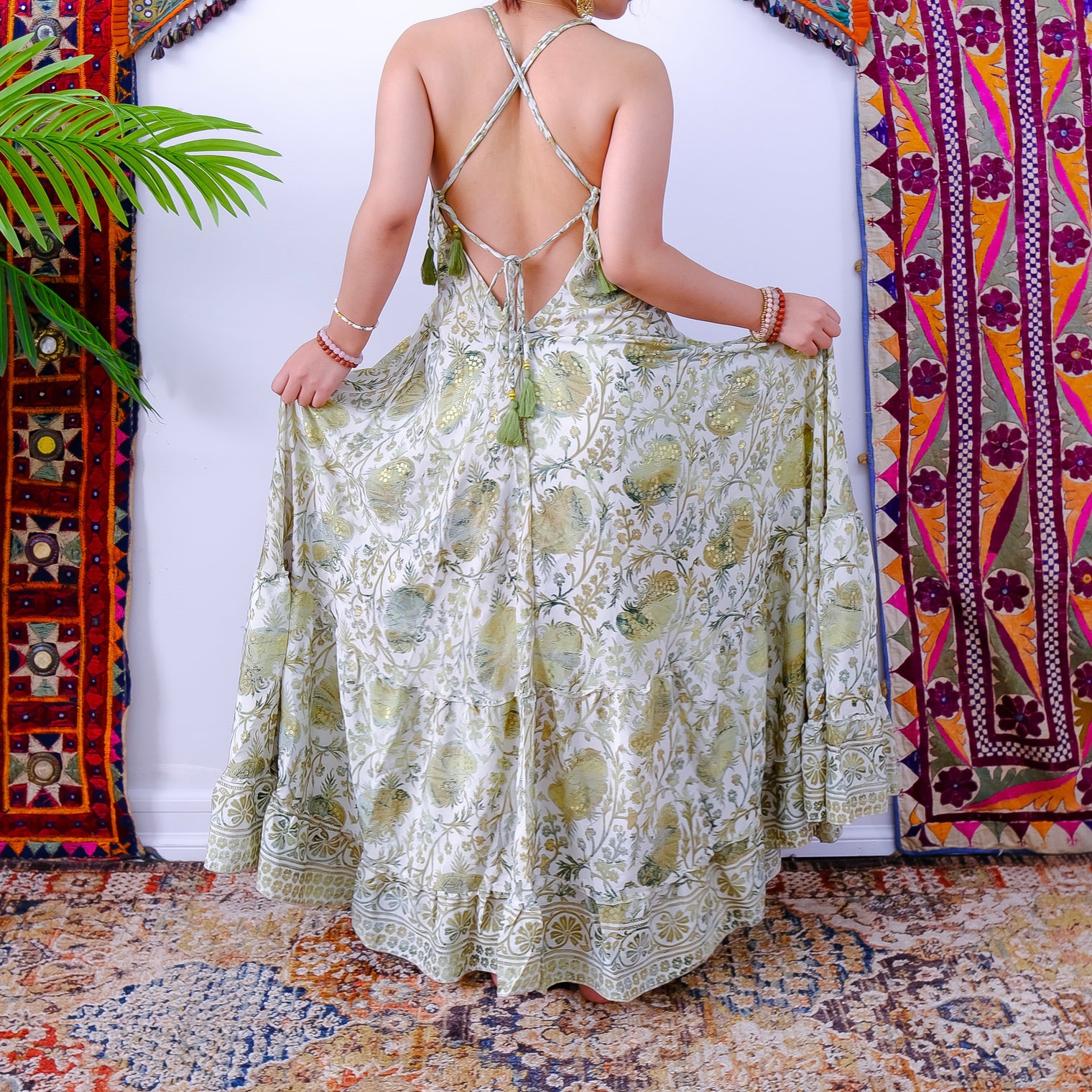 Silk Long Bohemian Tiered Maxi Backless Dress