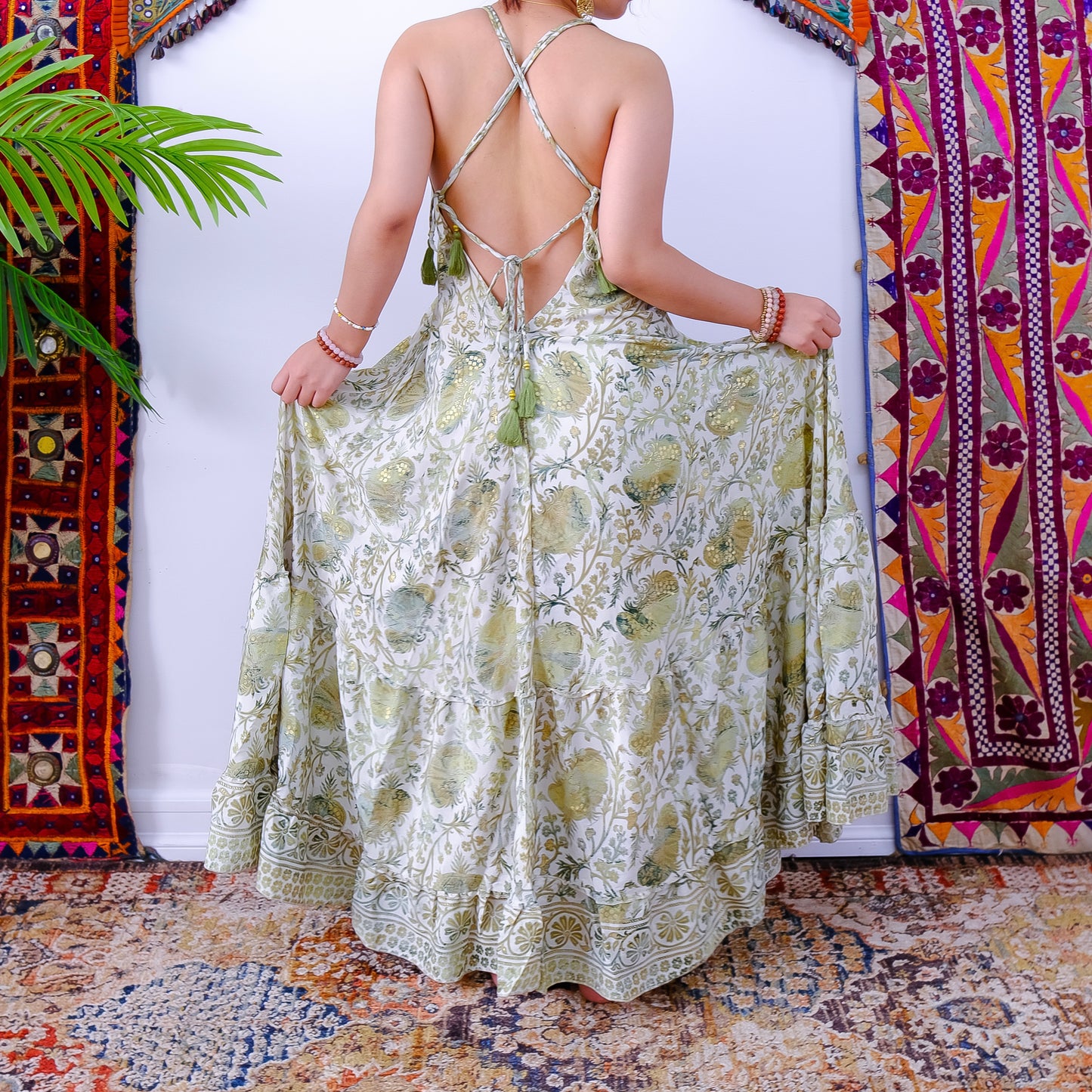 Silk Long Bohemian Tiered  Maxi  Backless Dress
