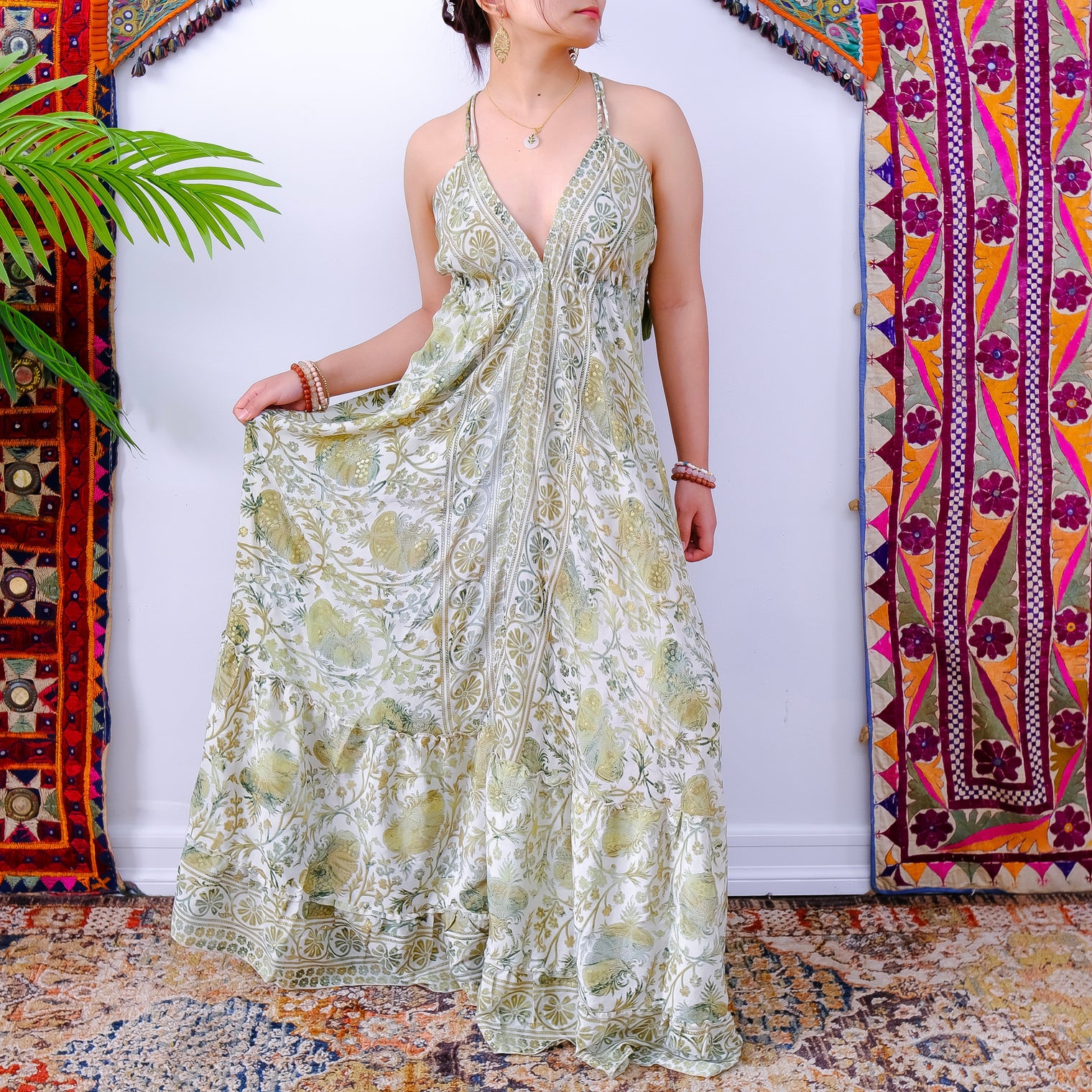 Silk Long Bohemian Tiered Maxi Backless Dress