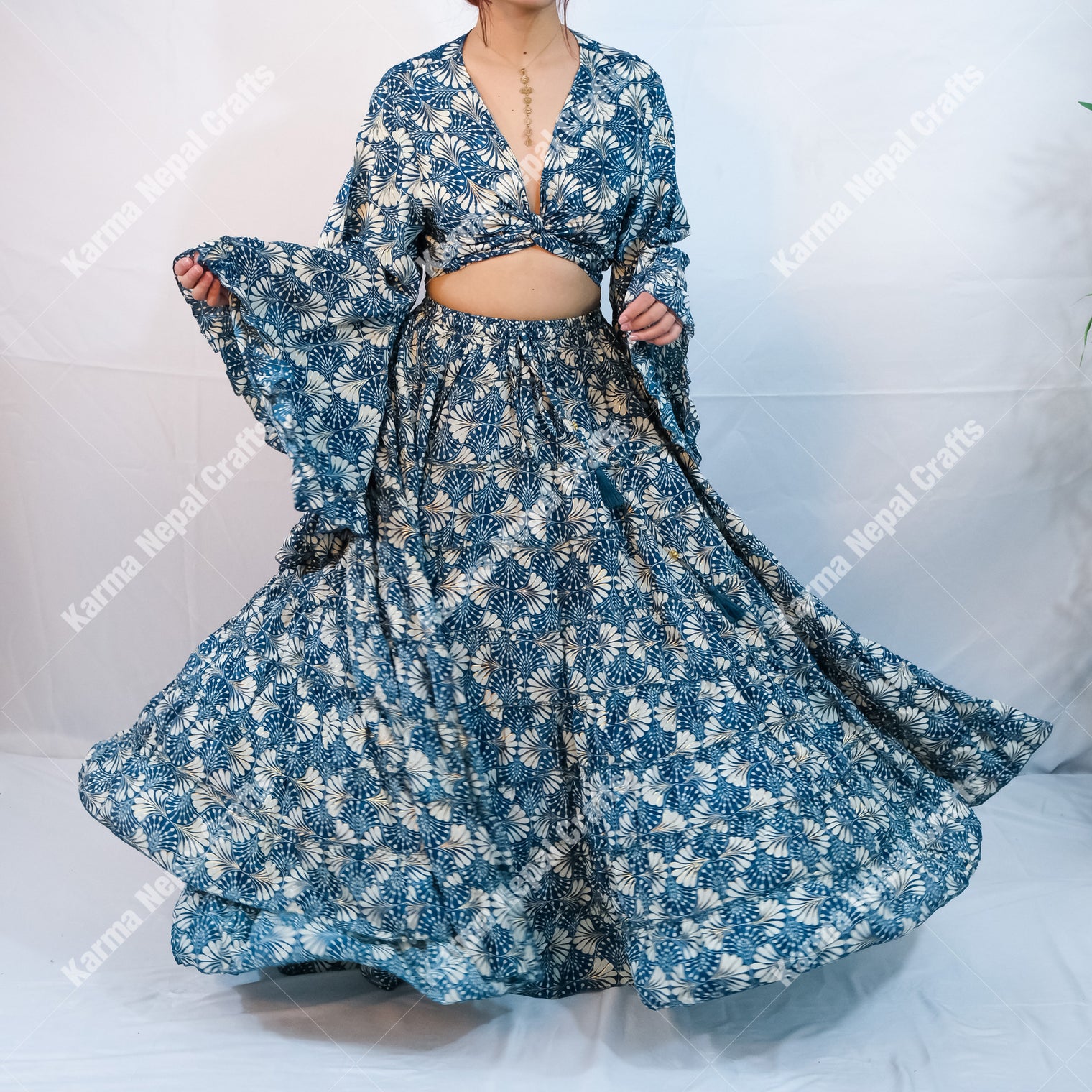 Willow Whisper Skirt with Ruffle Sleeve Top