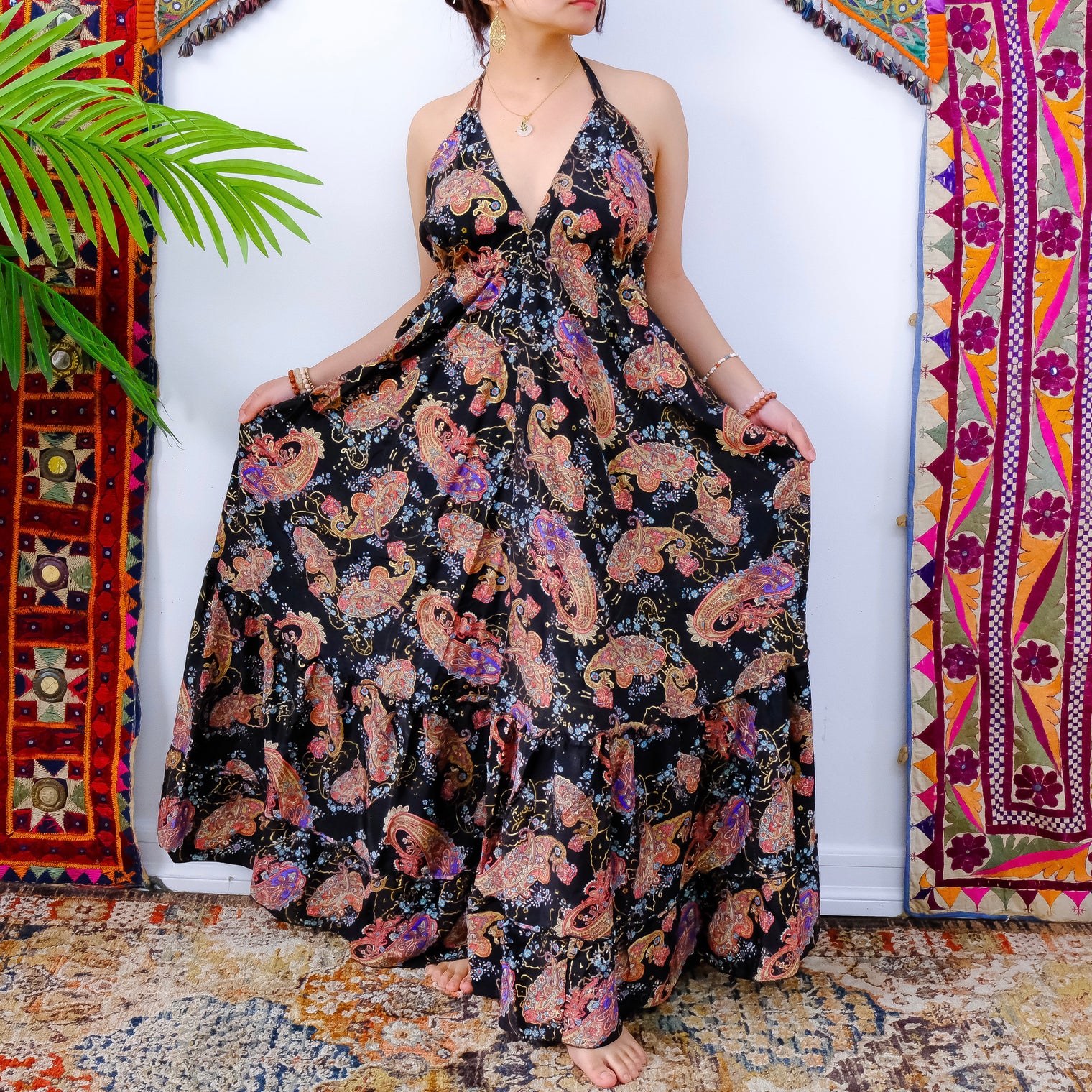 Silk Long Bohemian Tiered Maxi Backless Dress
