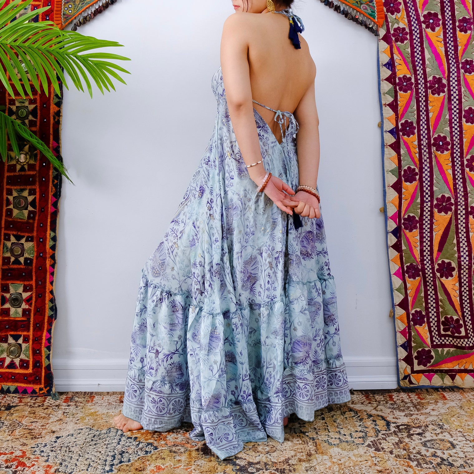 Silk Long Bohemian Tiered Maxi Backless Dress