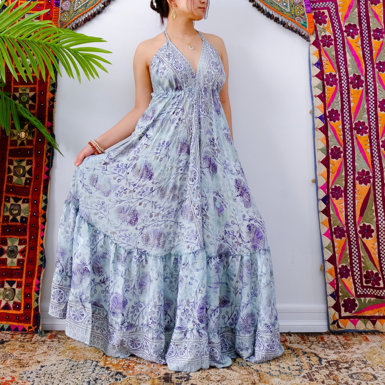 Silk Long Bohemian Tiered Maxi Backless Dress