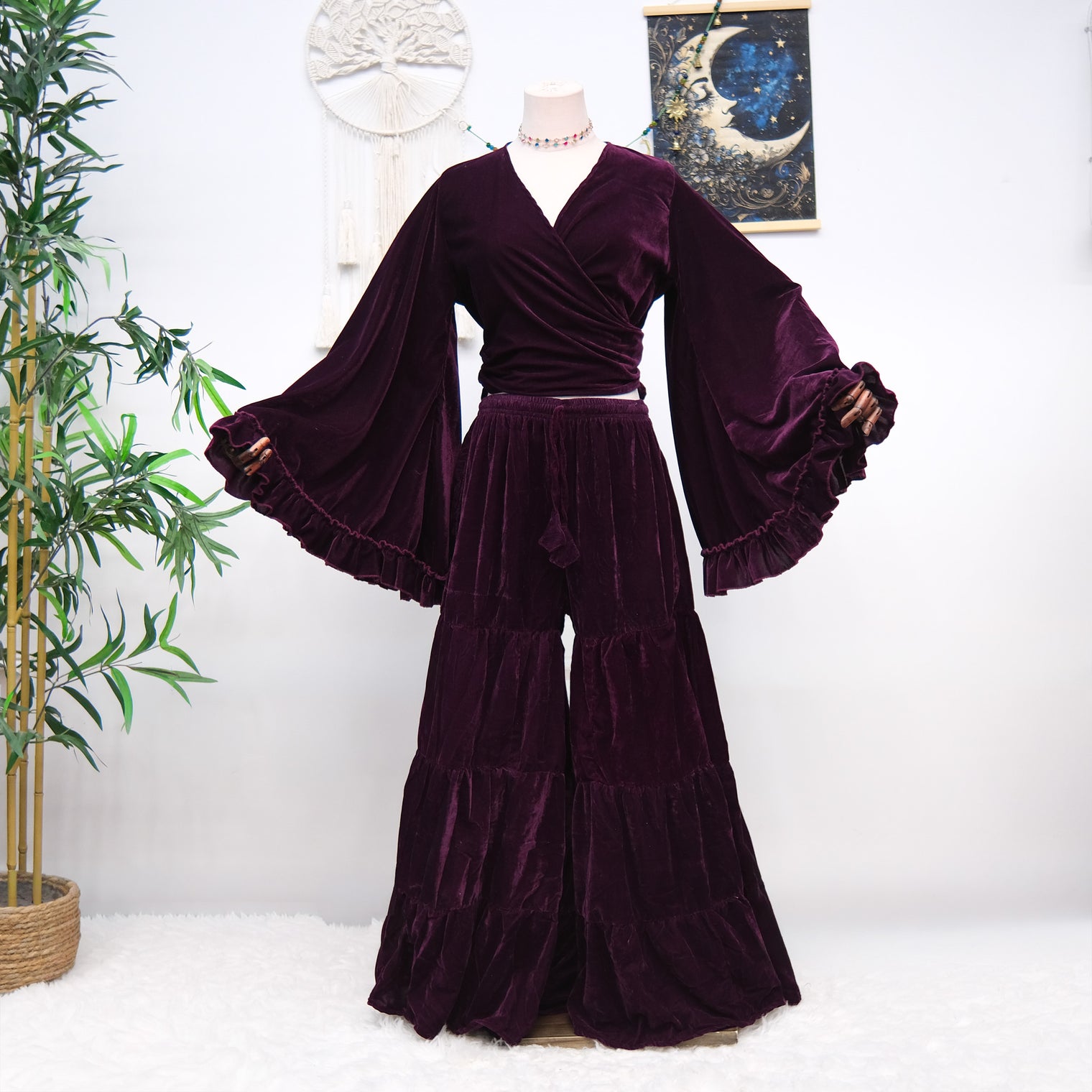 Velvet Dream Tiered Flowy Pants with Ruffle Wrap Top Set