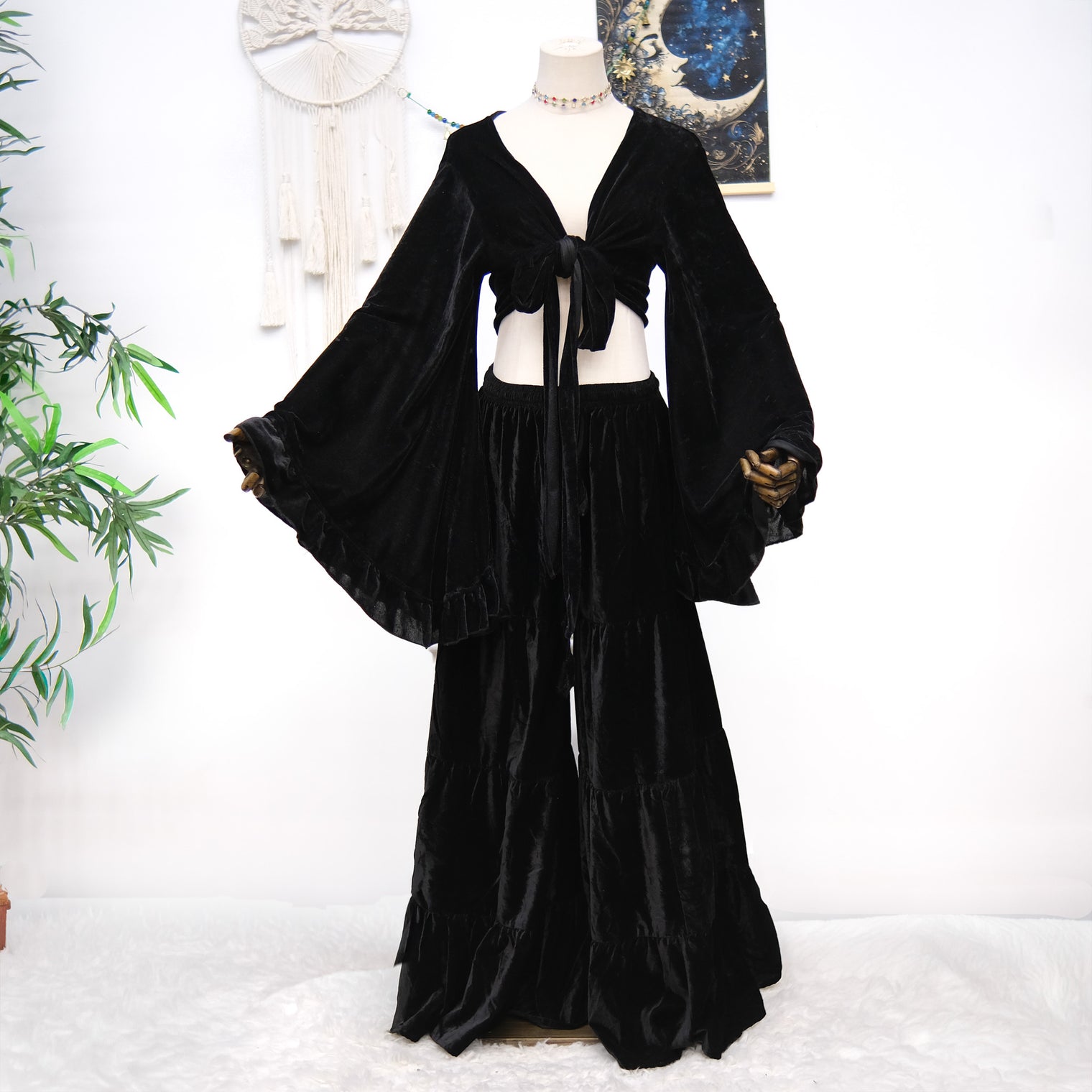 Velvet Dream Tiered Flowy Pants with Ruffle Wrap Top Set