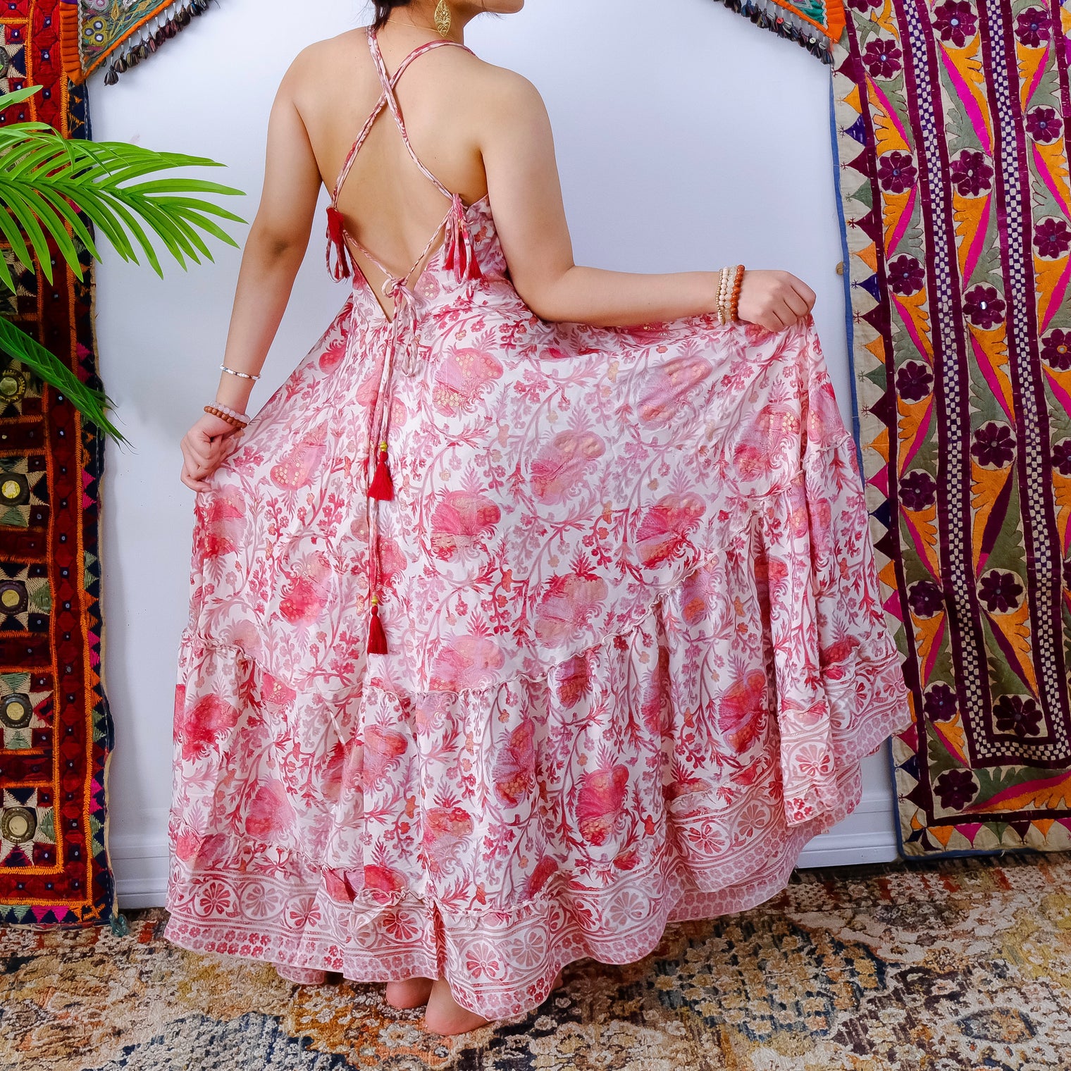 Silk Long Bohemian Tiered Maxi Backless Dress