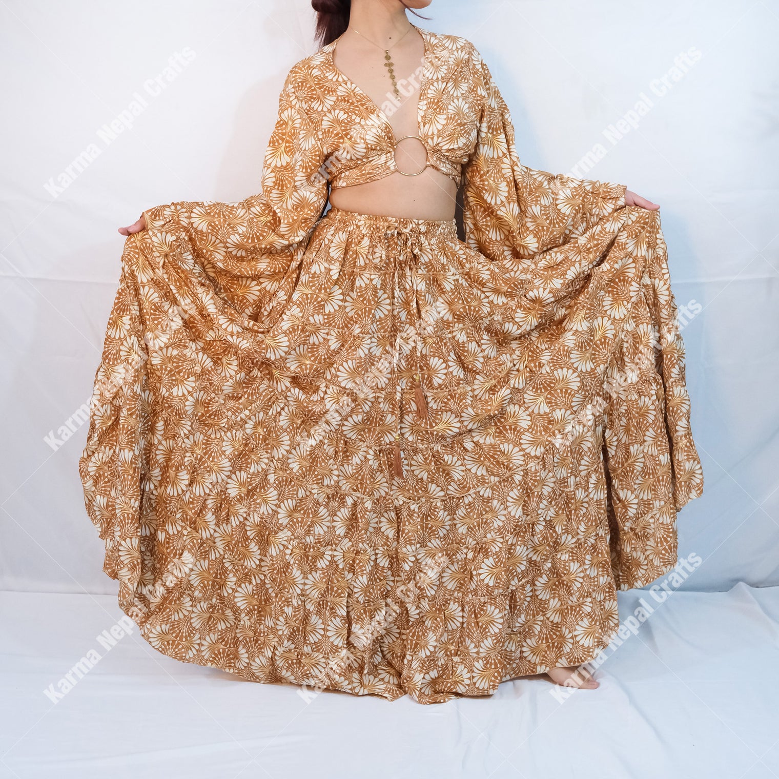 Willow Whisper Skirt with Ruffle Sleeve Top