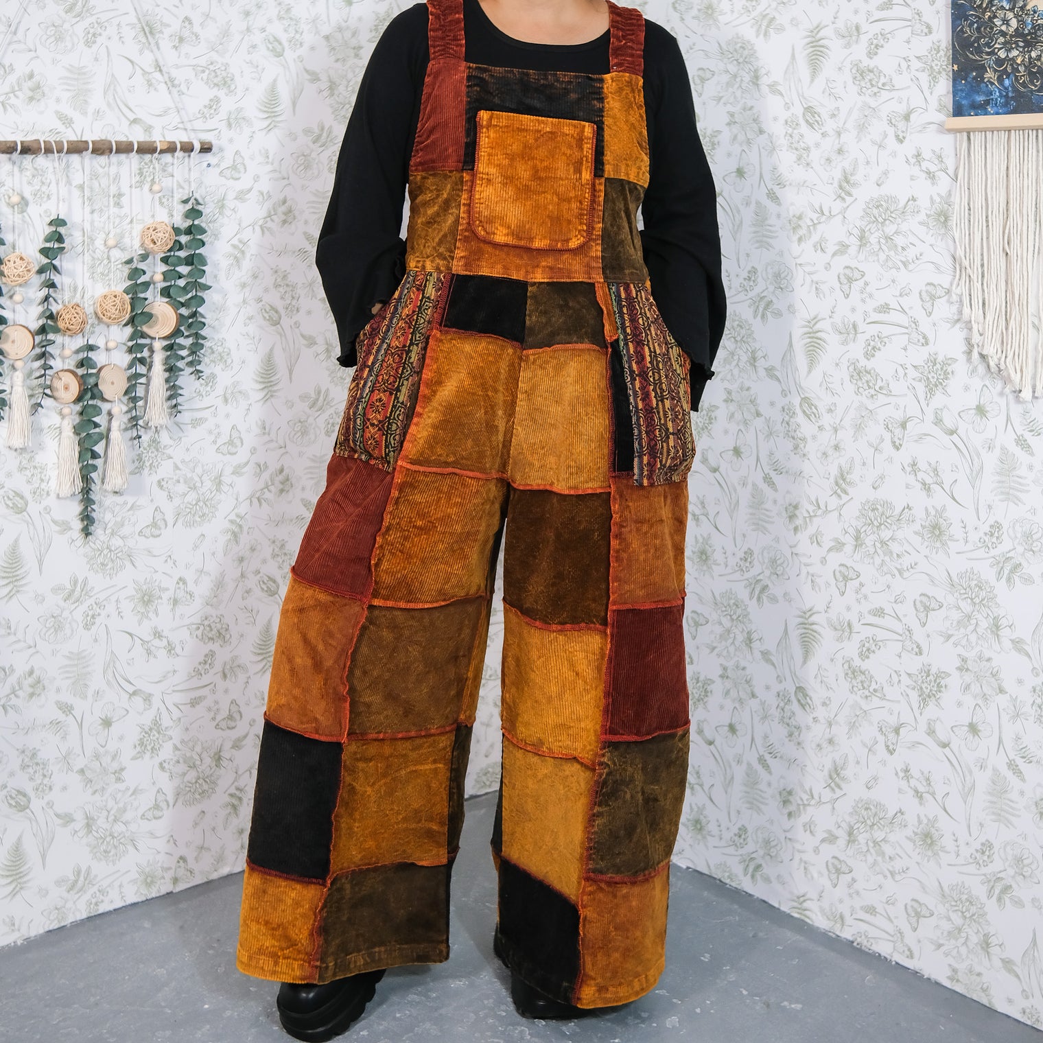 Patchwork Corduroy Wide Leg Jumpsuit