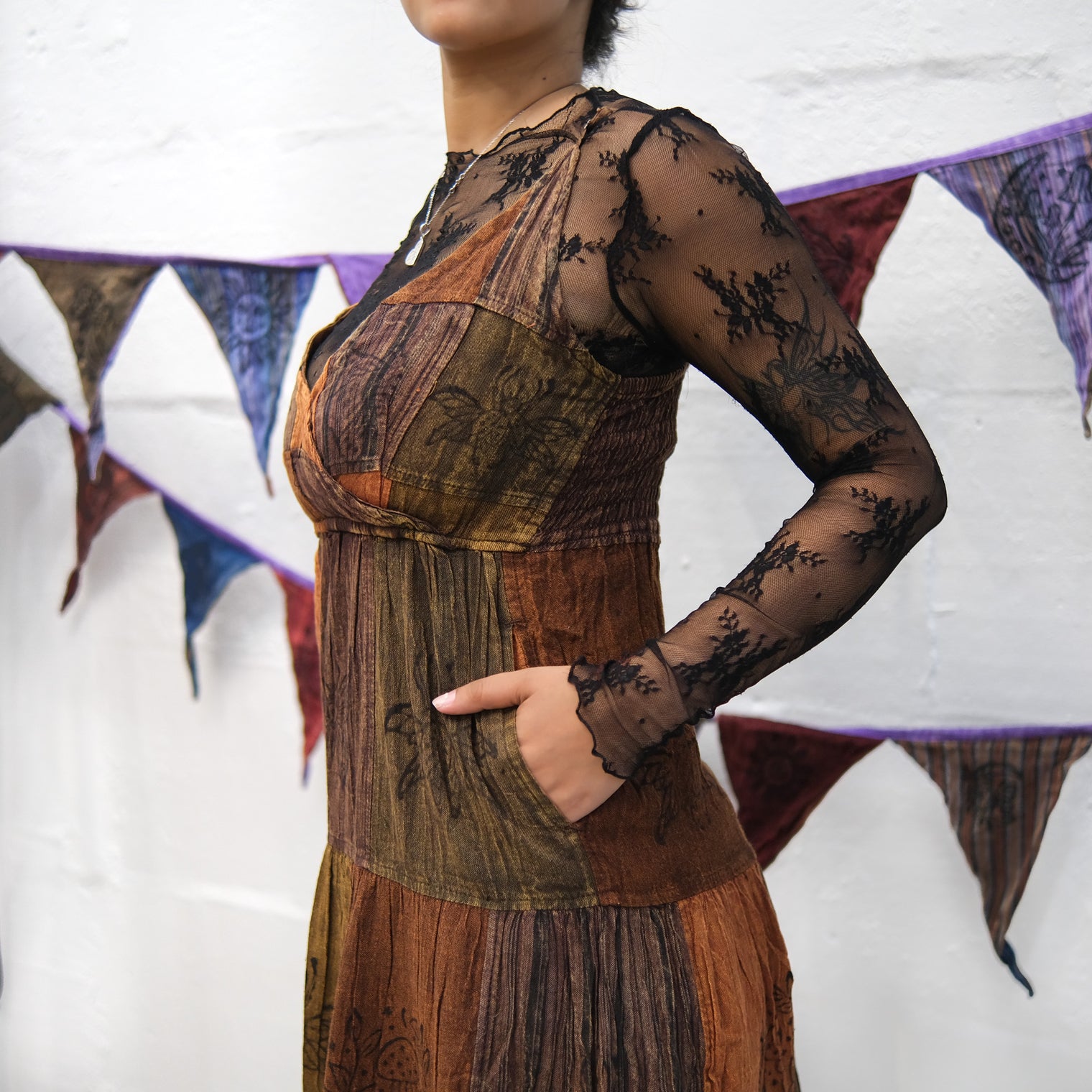 Patchwork Tiered Boho Maxi Dress with Pockets