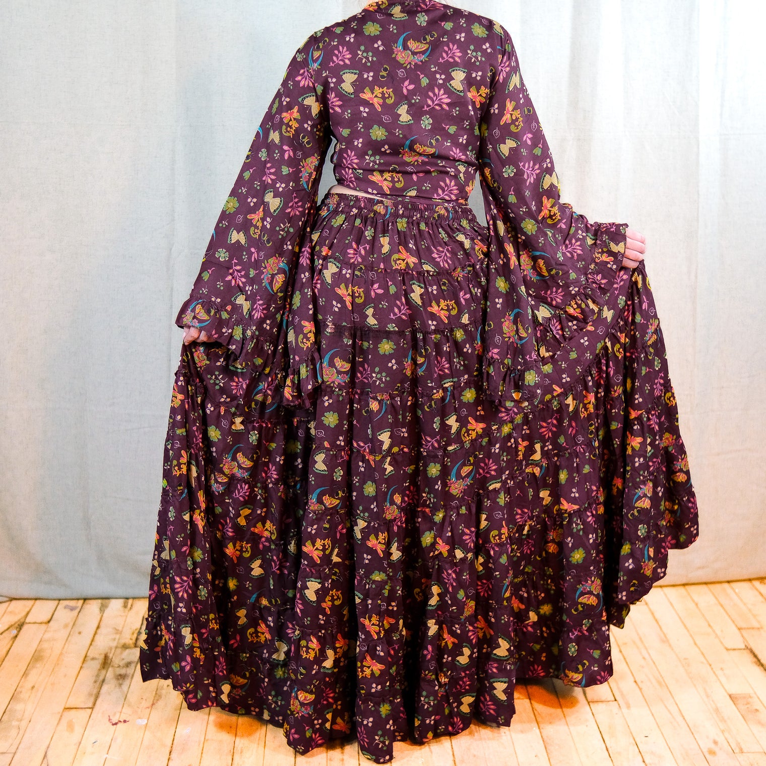 Forest Whisper Skirt with Ruffle Sleeve Top