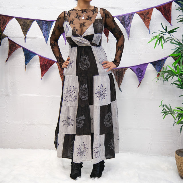Patchwork Tiered Boho Maxi Dress with Pockets