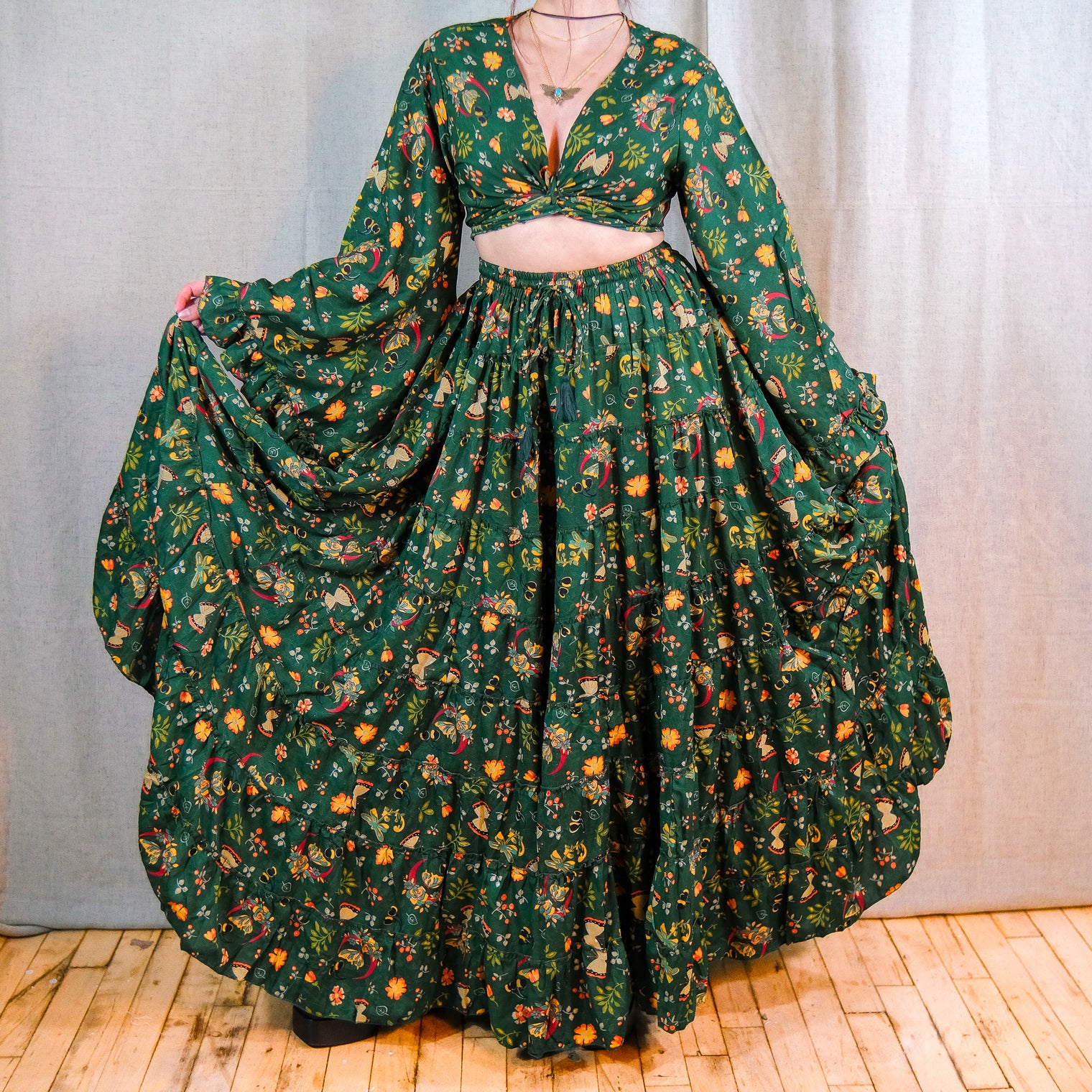 Forest Whisper Skirt with Ruffle Sleeve Top