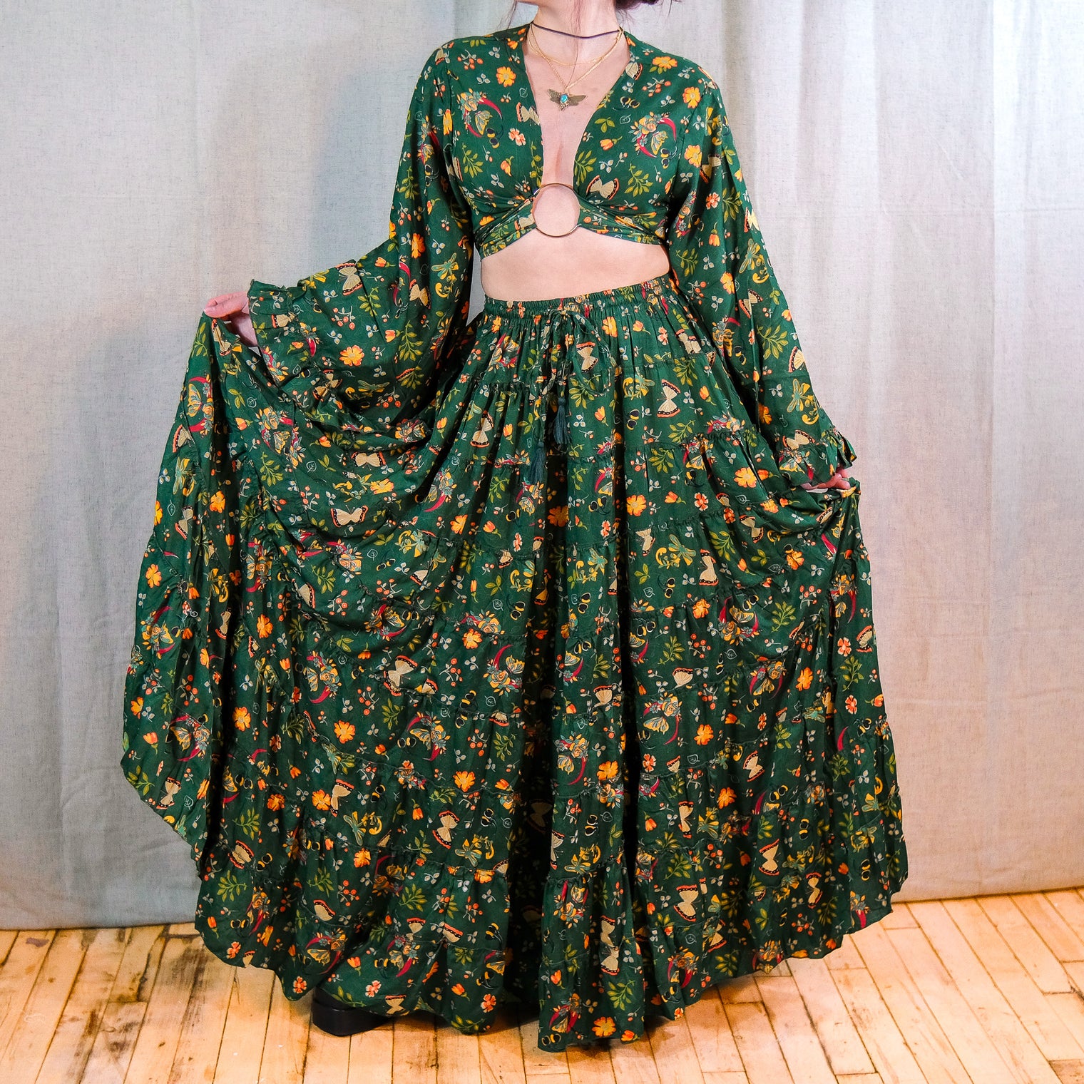 Forest Whisper Skirt with Ruffle Sleeve Top