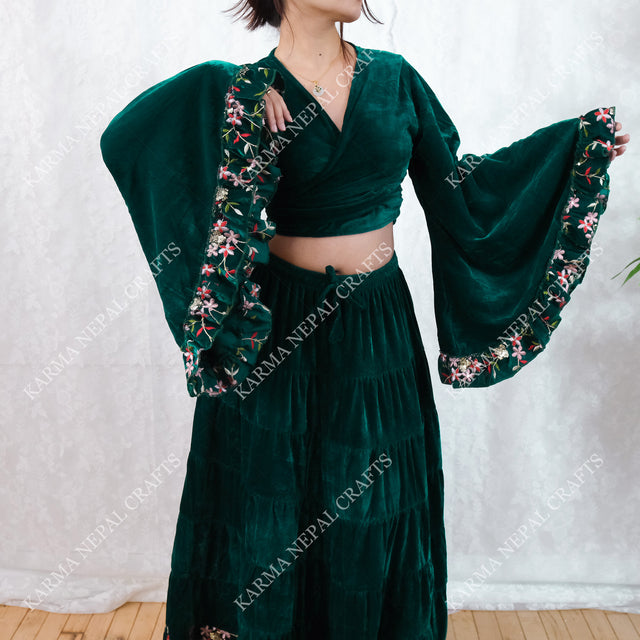 Velvet Whimsical Embroidered Ruffle Sleeve Top